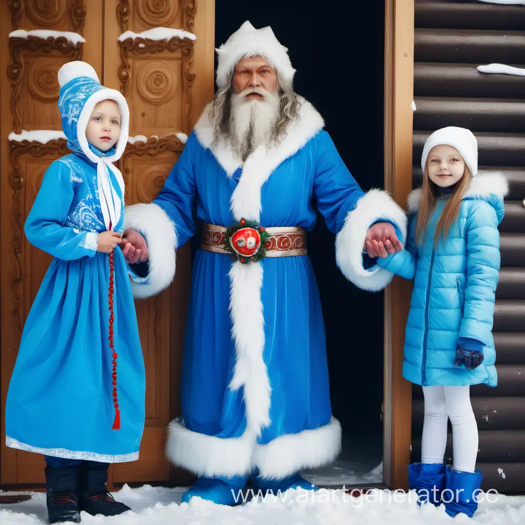 у дверей стоят: молодрой красивый дед Мороз,  баба Яга в костюме Снегурочки, и рядом с ними девочка лет 6 в голубой шапочке и кудряшками