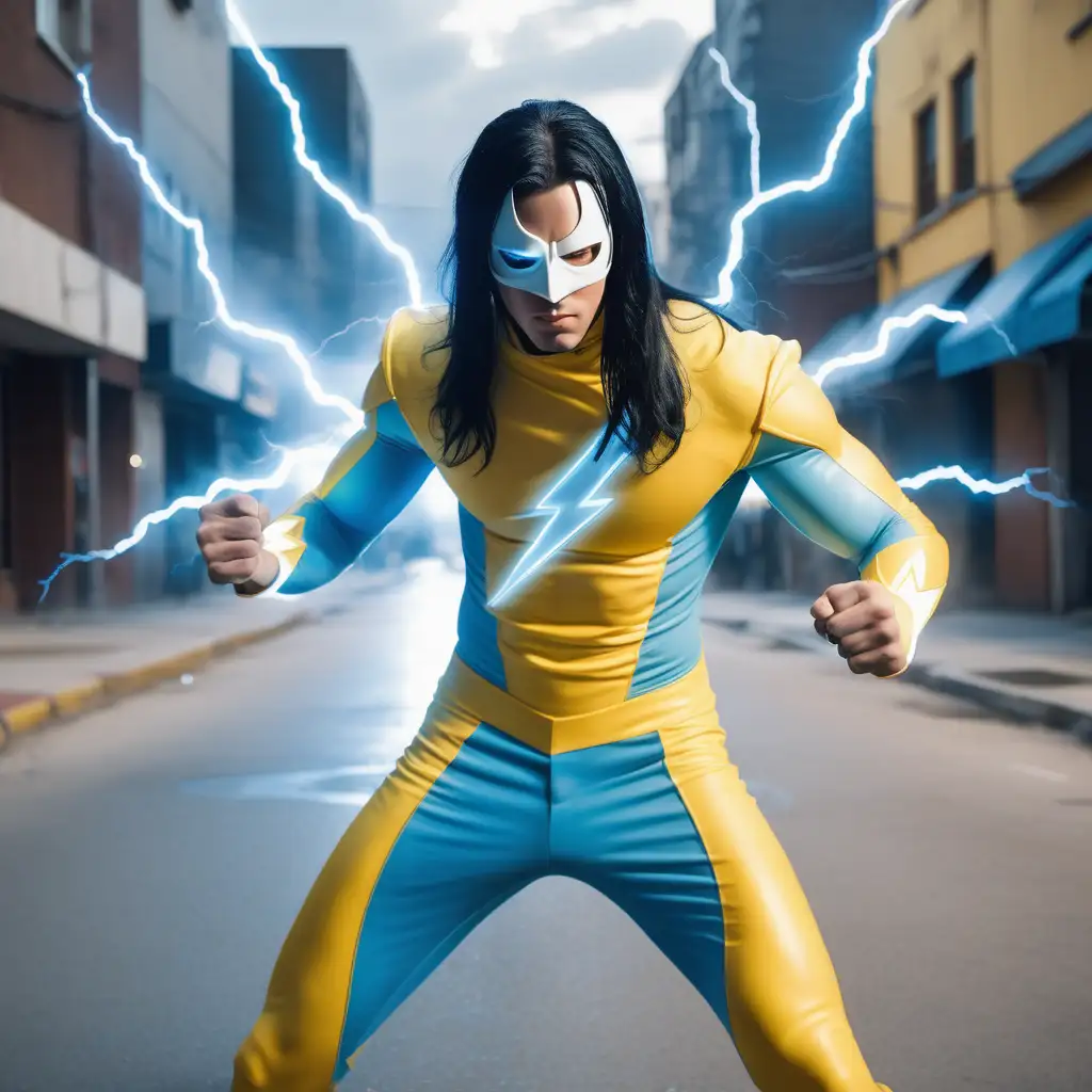 fit young man, long straight black hair standing up, skintight yellow white light blue costume, yellow white light blue mask, shooting lightning from his hands, lightning, street, day