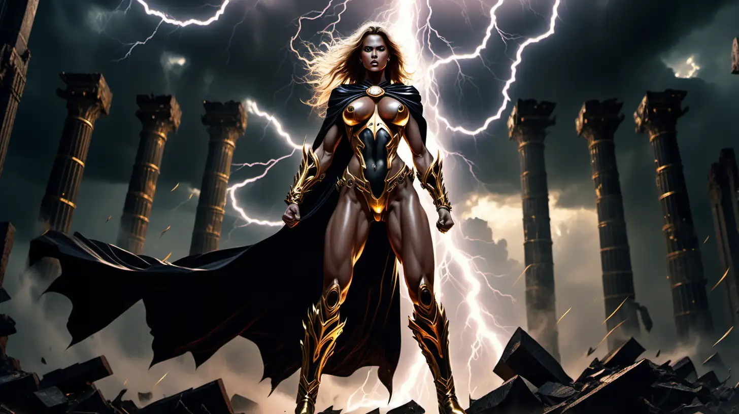 fully naked giant goddess, very muscular, black cape, golden gauntlets, armored black long boots, standing on a ruined dark temple, lightnings in her fists, eyes glowing, fury, lightning storm, 