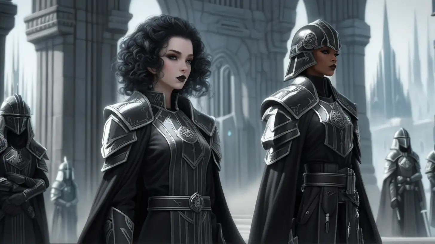 Dreaming city, beautiful, royal attire black curly hair, pale skin, grey eyes, dreaming city, black and grey, jedi robes, female, black make up, black mascara and lipstick, royal guards protecting her, proper look on her face, robes, wideshot, standing around her is the elite guard