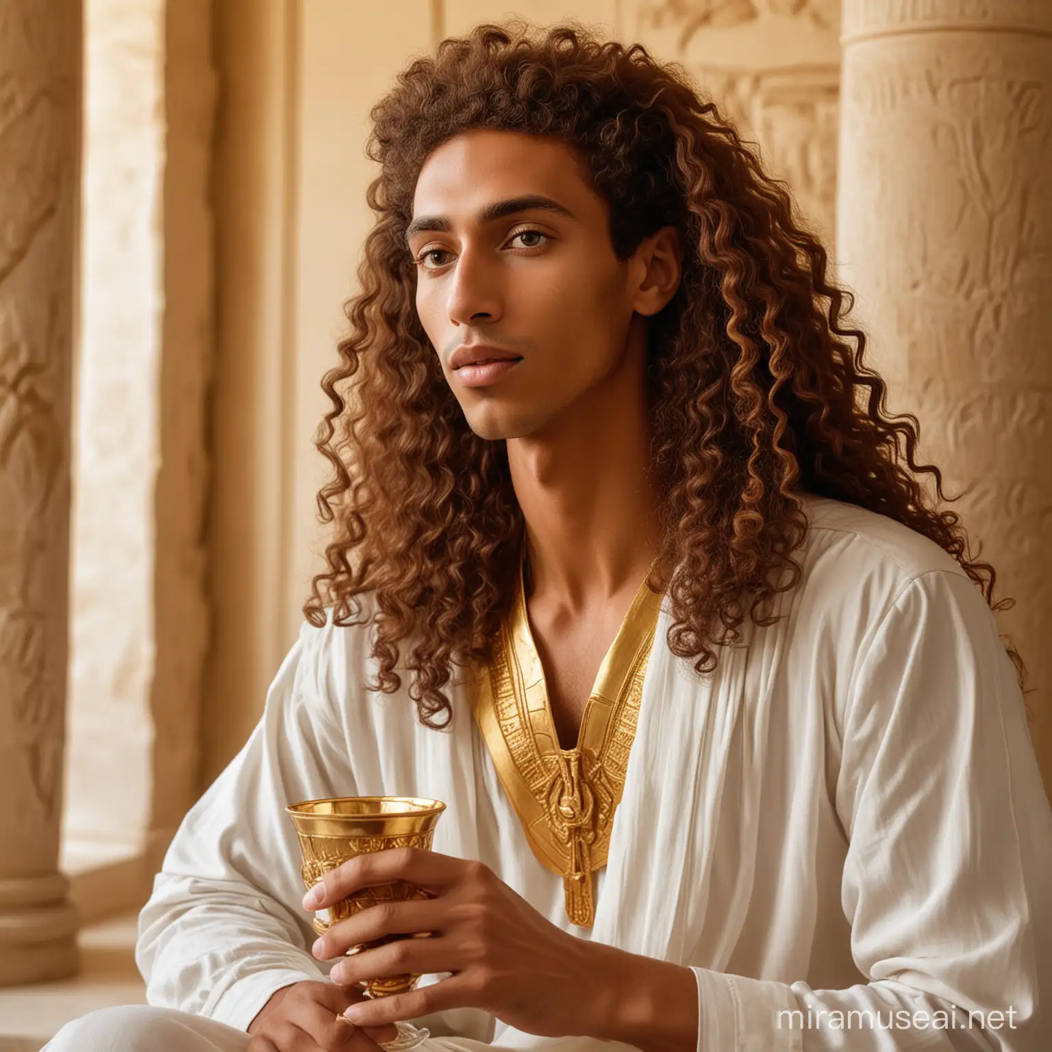The son of the Pharaoh, Akhenaten, has attractive and sharp features, long curly hair, sitting in a white palace room with gold behind him, and holding a cup of wine 