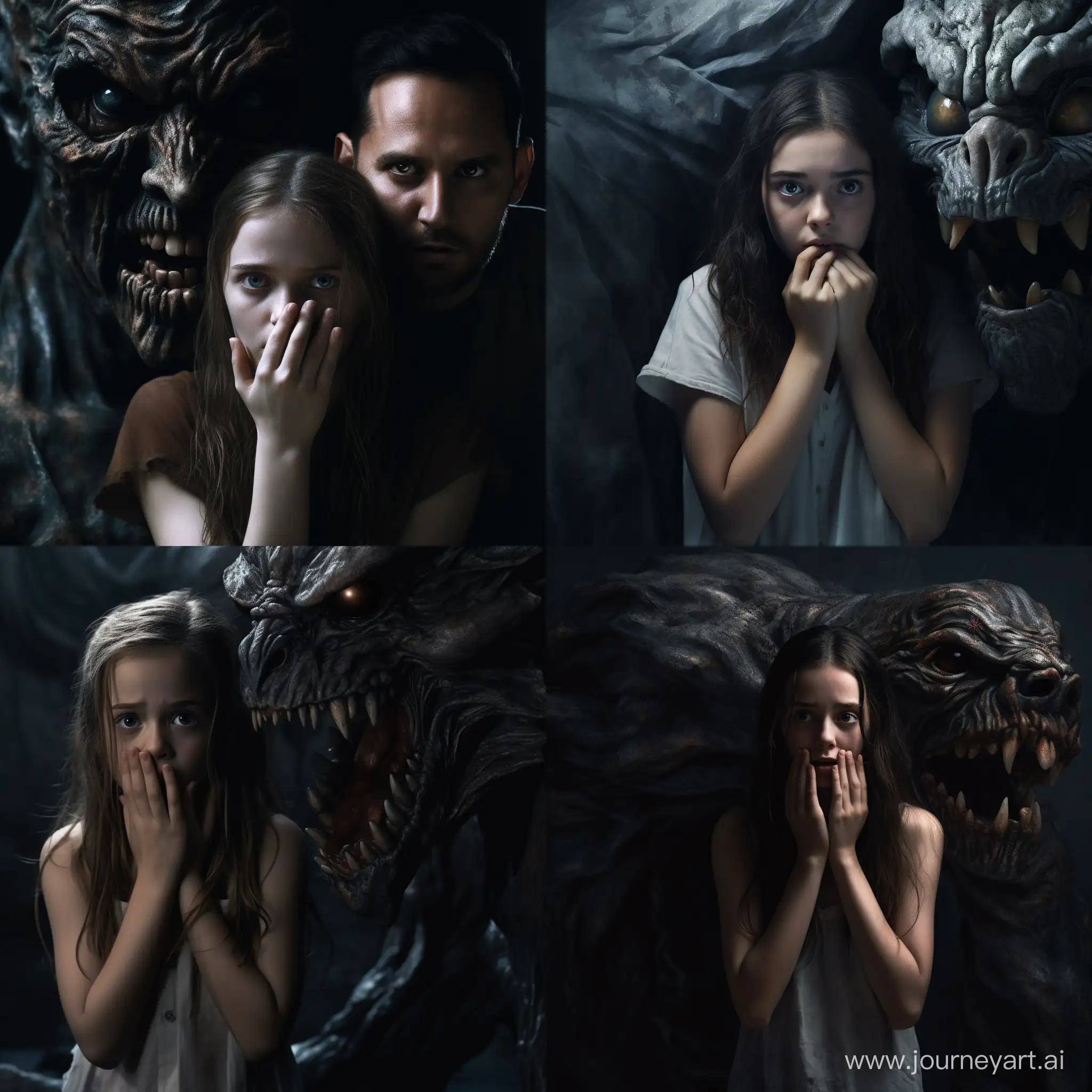 young girl, hands covering her mouth in horror, eyes very frightened, a monster is standing behind, the monster has hands touching the girl's shoulders, hyper-realism, 8K image quality, ultra detail 