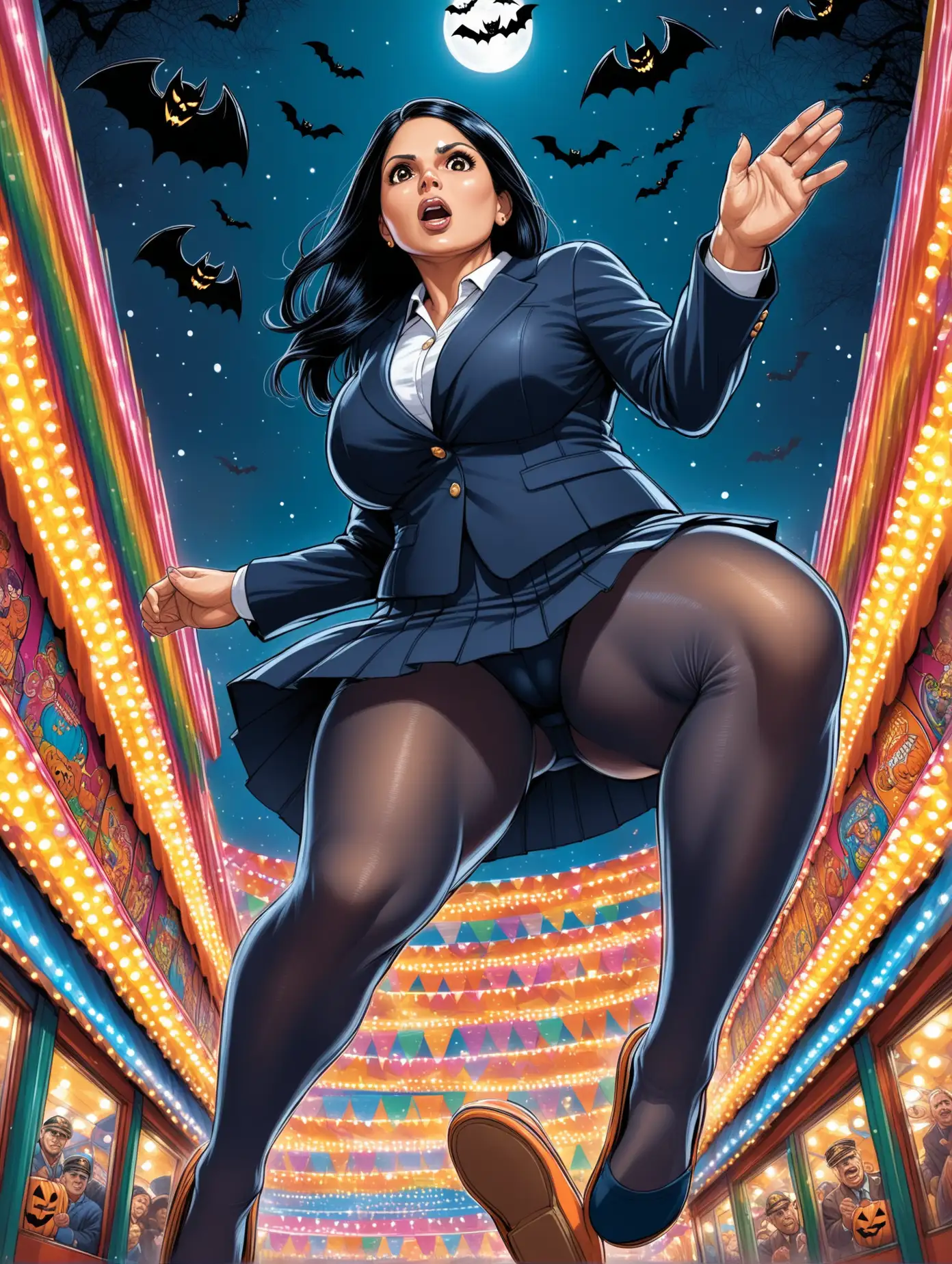 Voluptuous,  Mature Priti Patel, short pleated navy skirt suit, wide stance at carnival[Highly Detailed] Jack Kirby art style, below angle, navy pantyhose, halloween night, realistic, skirt lifting up, looking down in disbelief, slippers falling