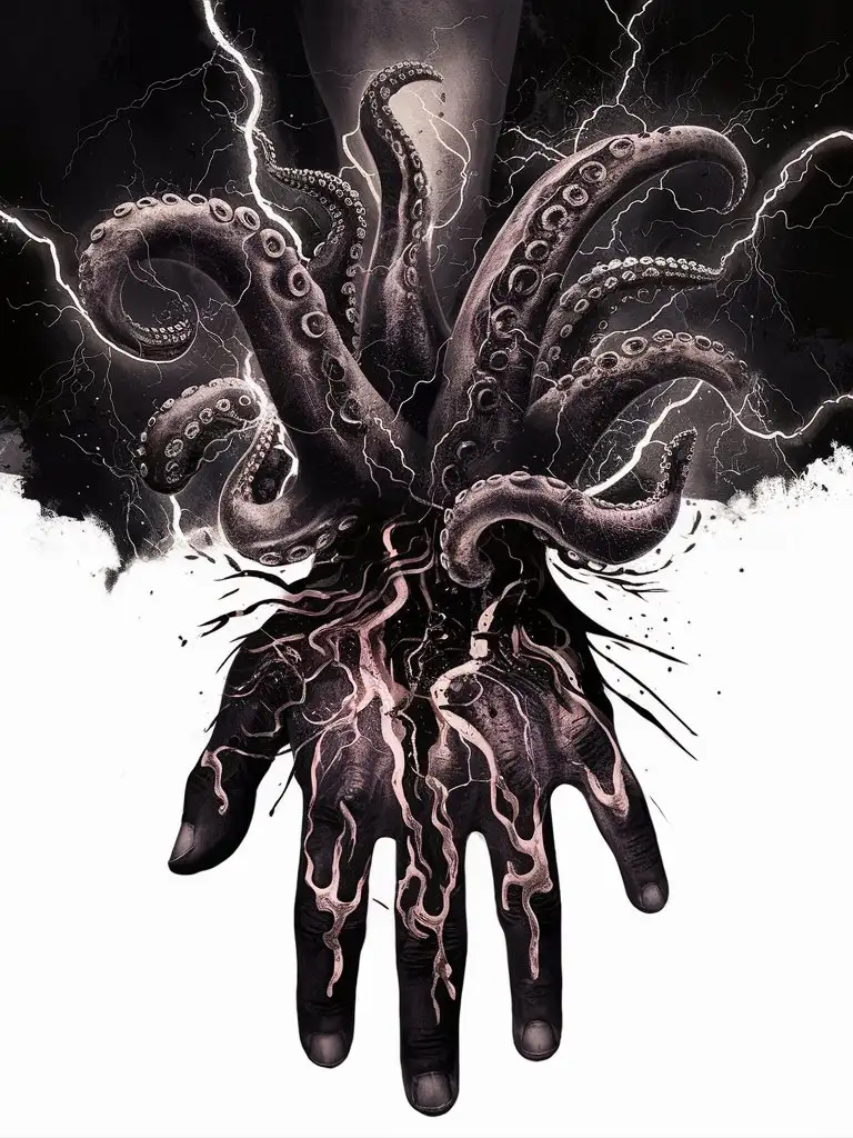 Hand tattoo mockup, dripping black waves tentacles , explosive dripping black, tattoo hand, blackwork, masterpiece, dark tentacles, sketch black drawing, horror, explosive, chaotic  circular lightning dark tentacles, sketch black drawing, horror, hatch explosive, hatch chaotic, white background