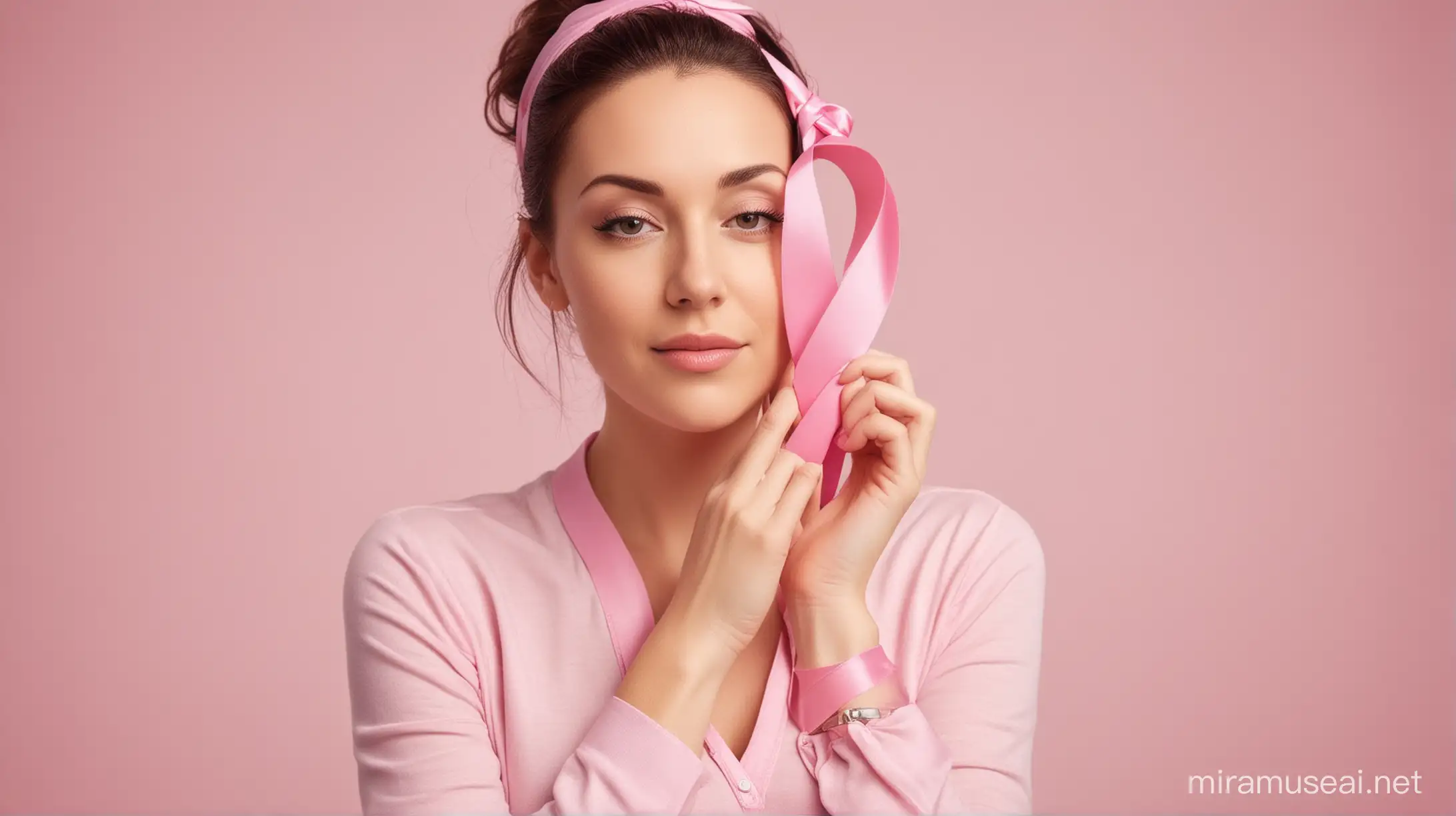 Create an image that symbolizes breast cancer awareness and support. Show a woman wearing a pink ribbon, the international symbol of breast cancer awareness, in a serene and contemplative pose. Include elements like a supportive environment, medical symbols, or peaceful surroundings to convey hope and solidarity in the fight against breast cancer