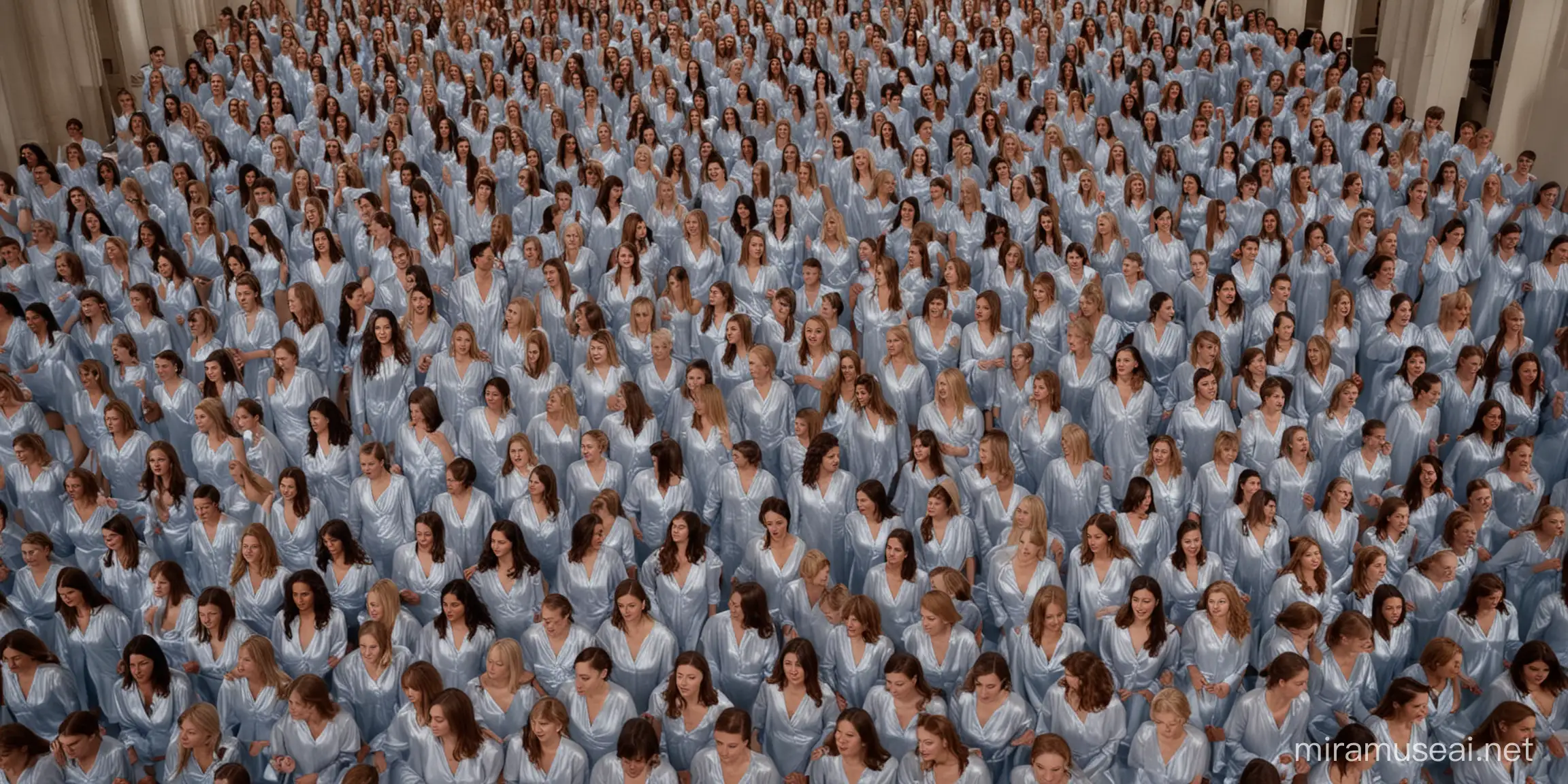 Hundreds of women in satin nightgowns watch you from below in a huge room