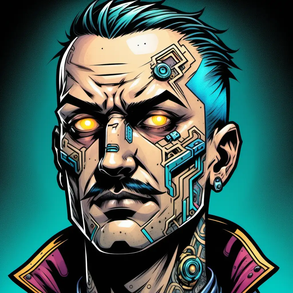 inked color comic art style close up two thirds portrait of broad faced cyberpunk man with thin mustache