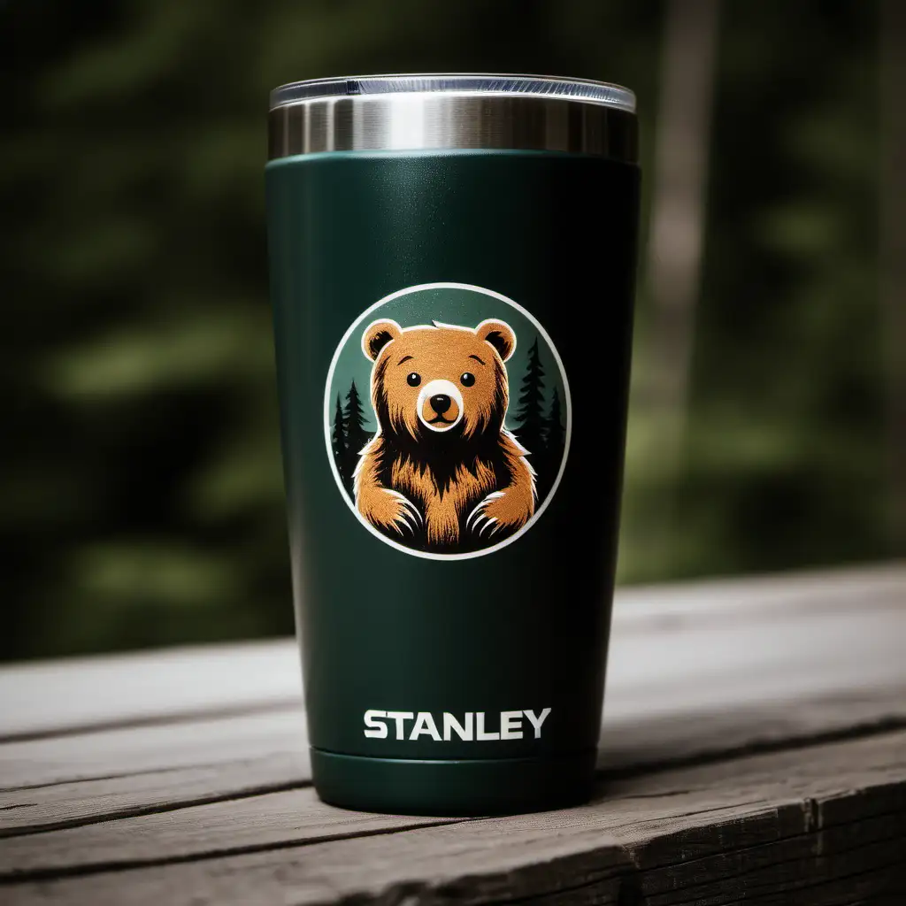 A Stanley tumbler cup with a tiny bear on the front for the logo