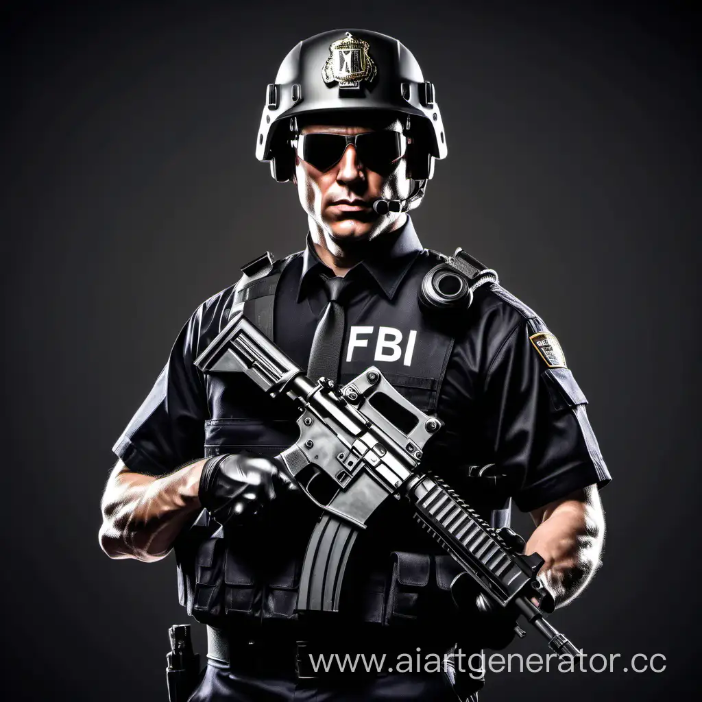 Нарисуй агента ФБР в чёрной форме, в шлеме и с м4 в руках 