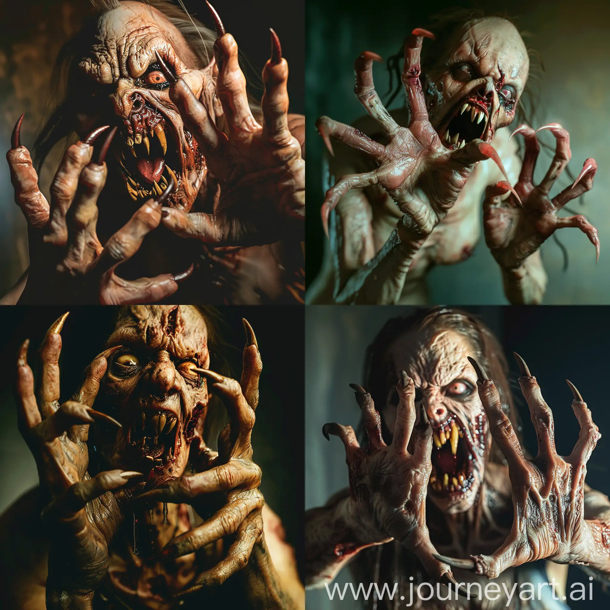 Create a scene where a rotten skin hungry terrible zombie woman with long curved pointed nails protruding from her five fingers two hands like menacing claws aggressively attacks, her mouth threateningly open exposing pointed teeth resembling fangs. The focus should be on realistic, detailed nails, horror, atmospheric lighting, full anatomical human hands, very clear without flaws with five fingers.