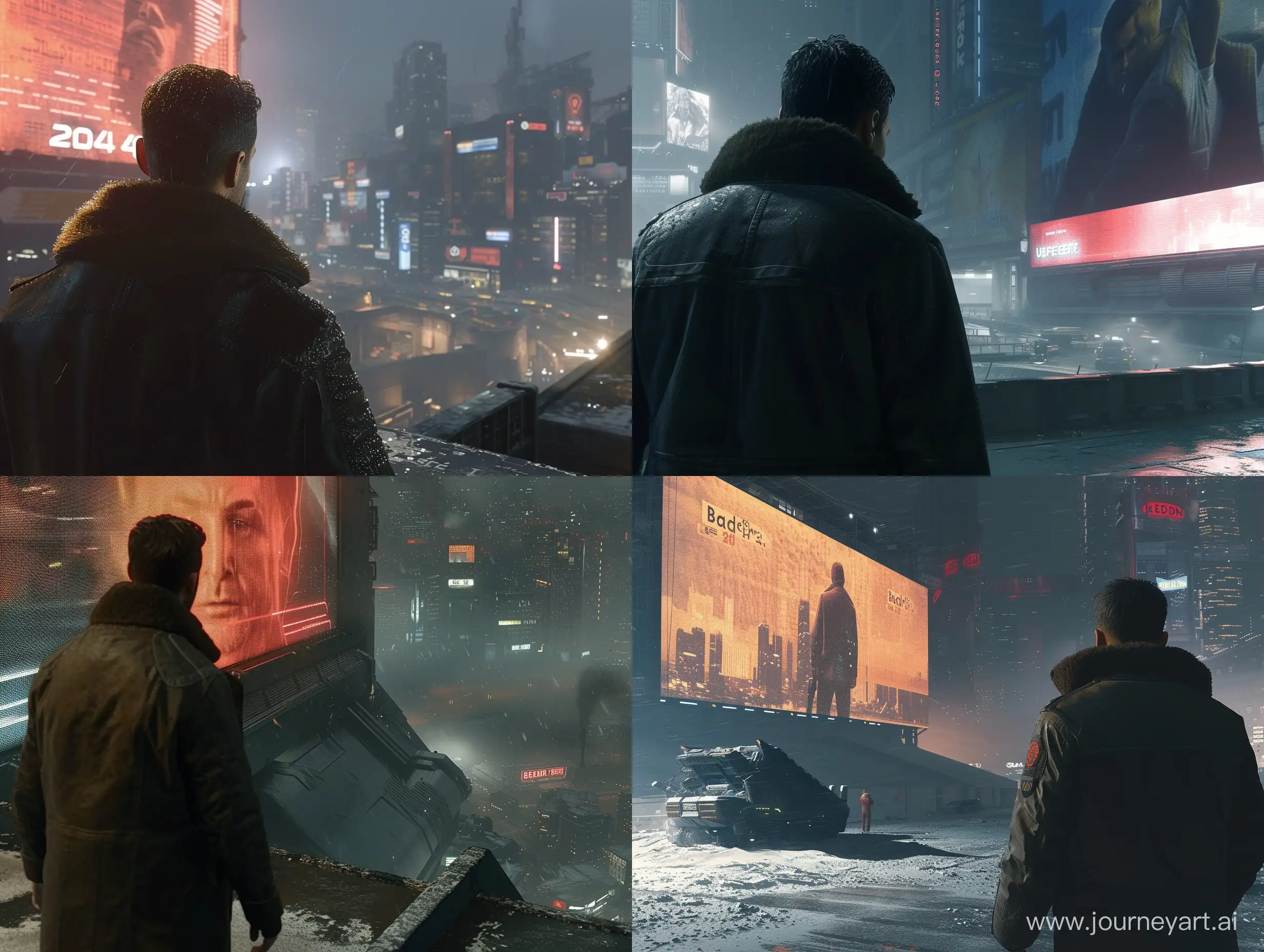 "Blade Runner 2049" is a third-person video game taking place in a futuristic city with cutting-edge ray tracing graphics. Tailored for the PS5, this edition showcases the protagonist, played by Ryan Gosling, from behind as he navigates through a area an looks at a giant billboard, offering an expansive open-world experience driven by the Unreal Engine, all within a nighttime setting.