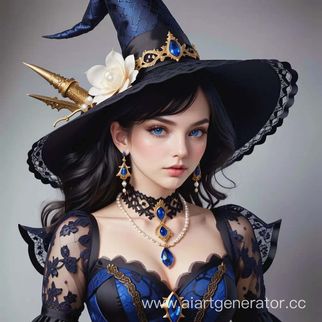 Elegant-Witch-with-Black-Lace-Blue-Sapphires-Pearls-and-Dagger-in-a-Golden-Atmosphere