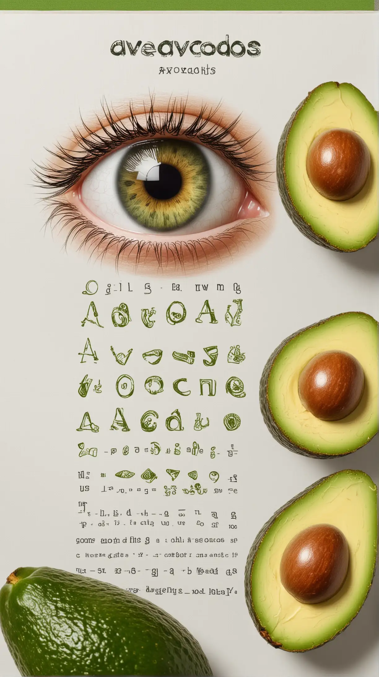 Create a visually compelling image showcasing the connection between avocados and eye health. Incorporate elements like avocados, vibrant eye symbols, and a clear vision chart to highlight how avocados contribute to maintaining healthy eyesight." have a person on the image
 reading without glasses