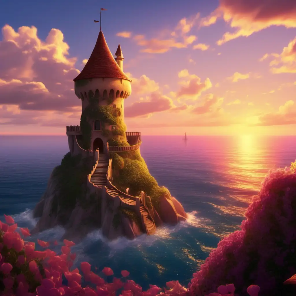 Show me a tower (like in Rapunzel), overlooking an ocean during a sunset. There is nothing but the tower or water in the scene
