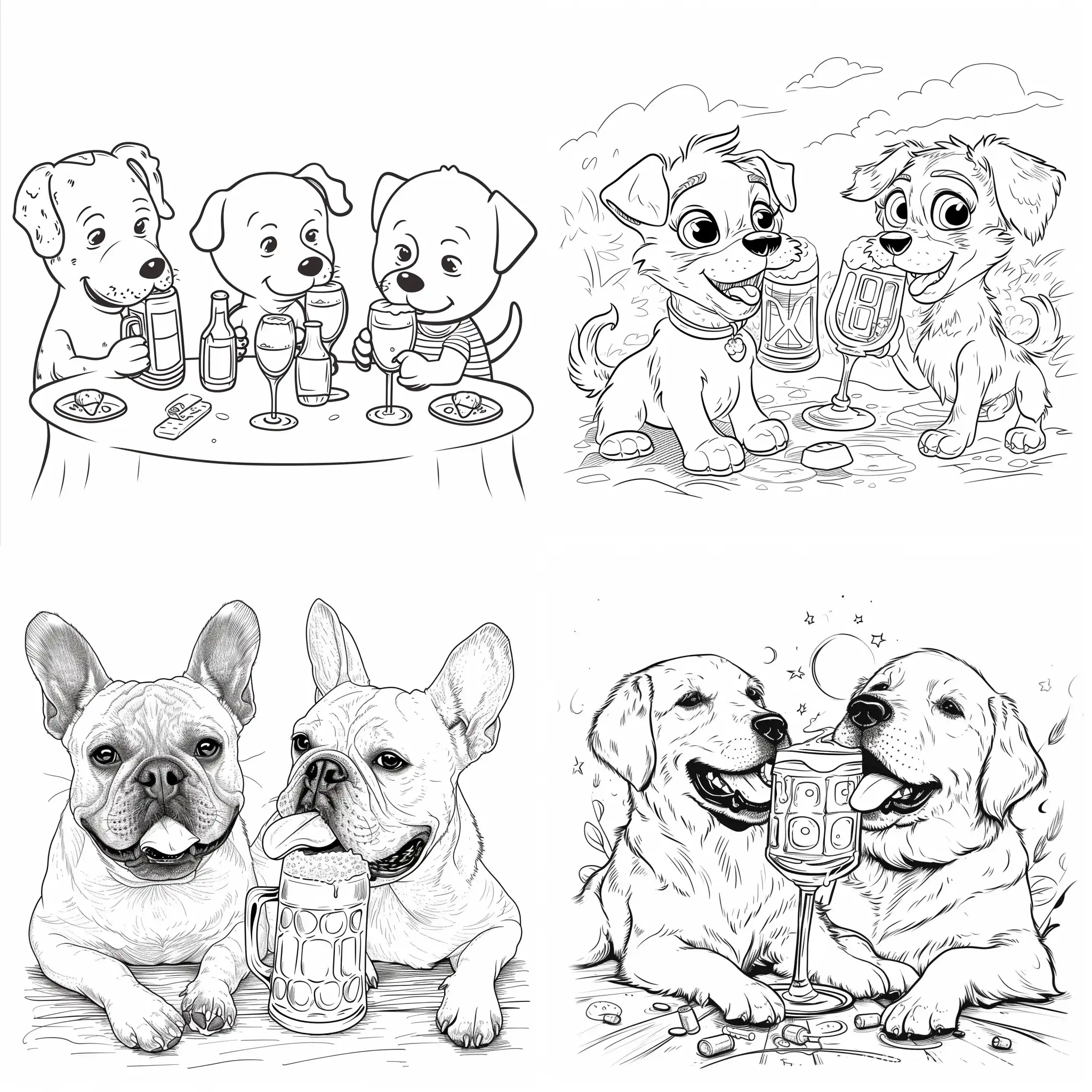 draw a simple, minimalistic coloring book for three year olds. dogs drink beer and wine. The coloring book should have few details so that the child can cope with it