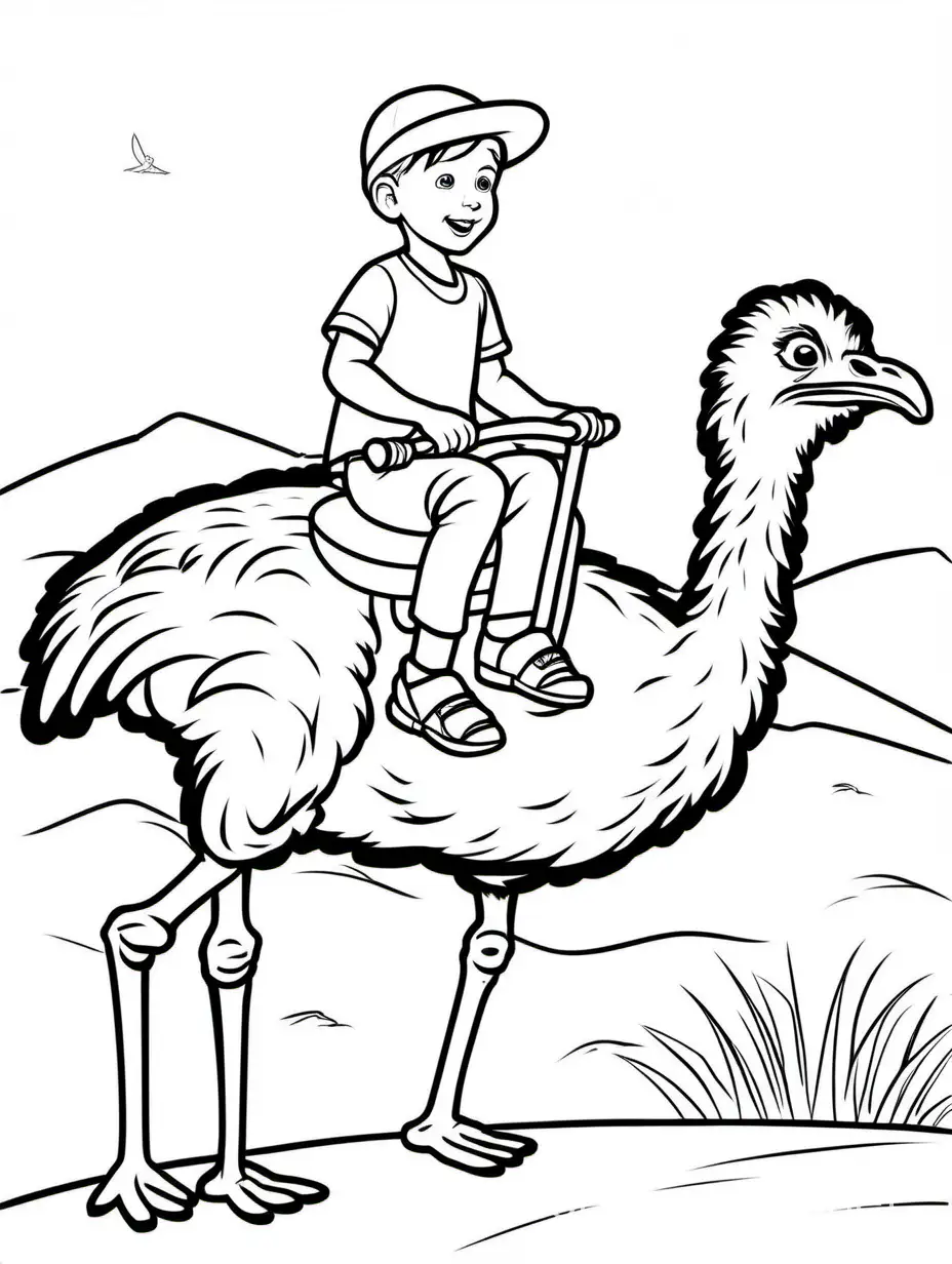 BOY RIDING ON OSTRICH, Coloring Page, black and white, line art, white background, Simplicity, Ample White Space. The background of the coloring page is plain white to make it easy for young children to color within the lines. The outlines of all the subjects are easy to distinguish, making it simple for kids to color without too much difficulty