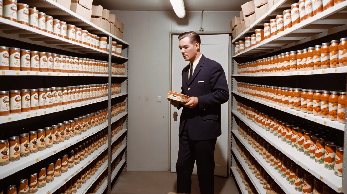 1960's man in a bunker full of shelves of freeze-dried food in boxes. Some of the food falling over on him