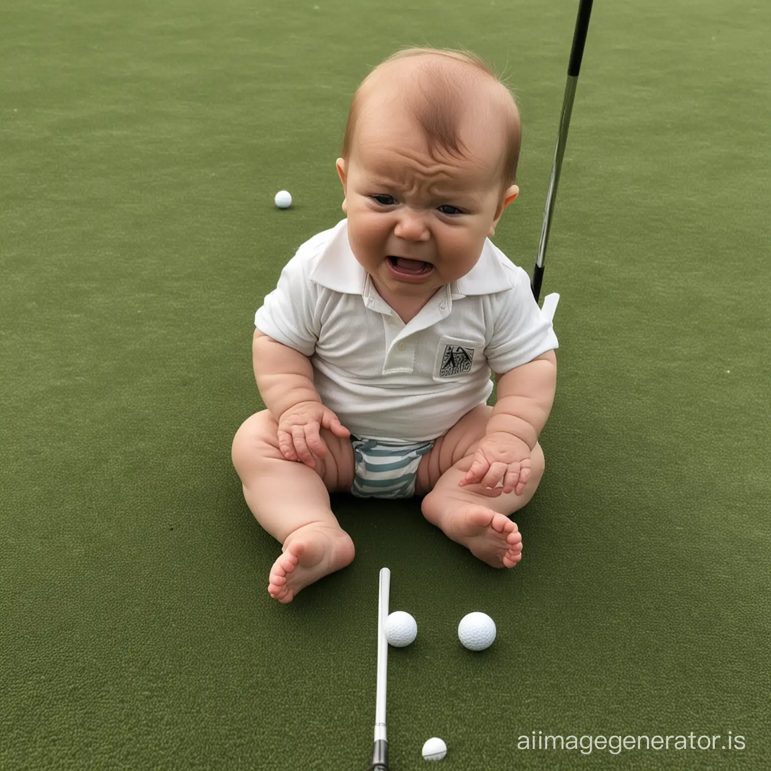 baby playing golf whilst crying