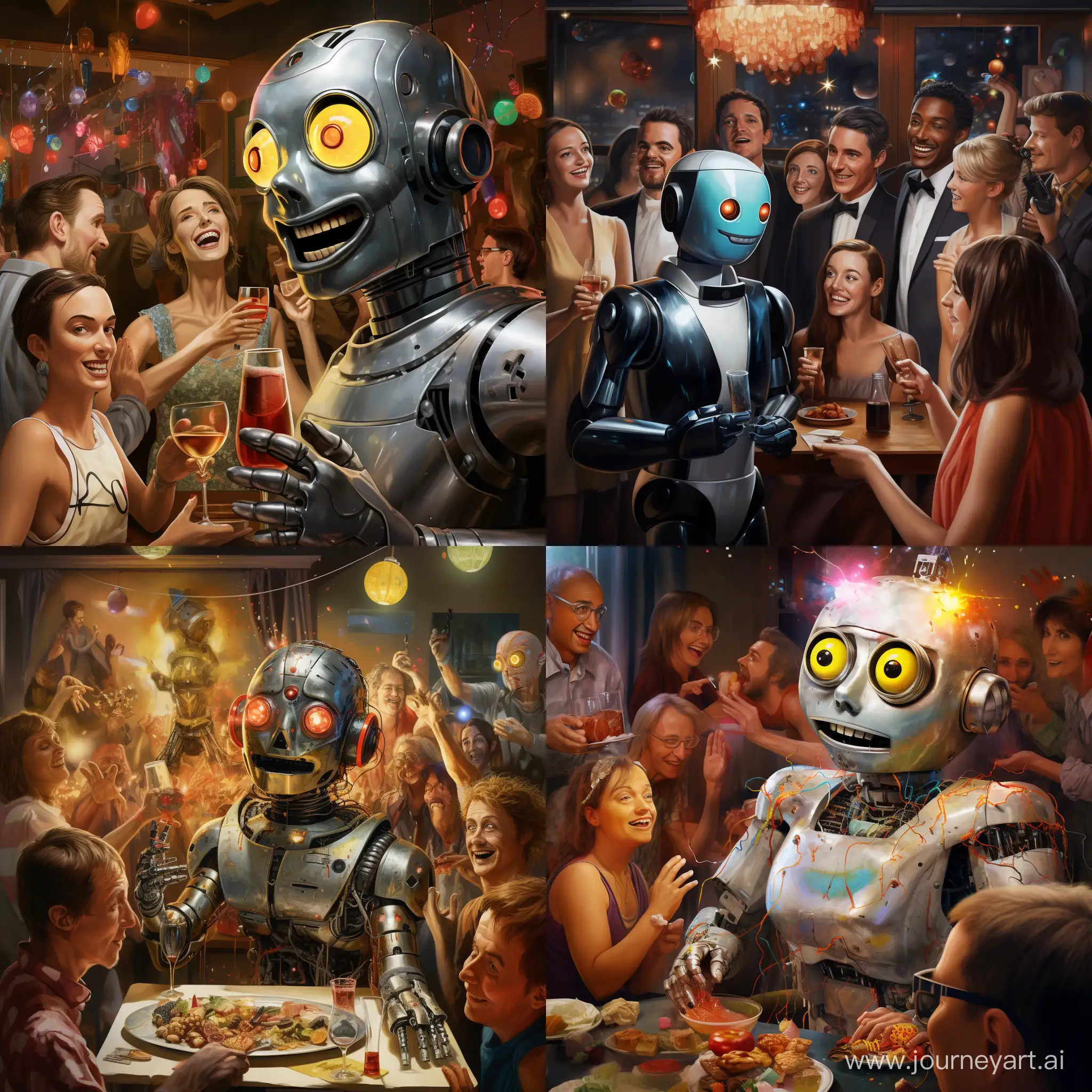 The year is 2042. Robots have become an integral part of human society. This robot is having fun with people at a party. The robot's eyes appear to examine the world that surrounds it. The robot has an expression of confidence on its face that the future is bright