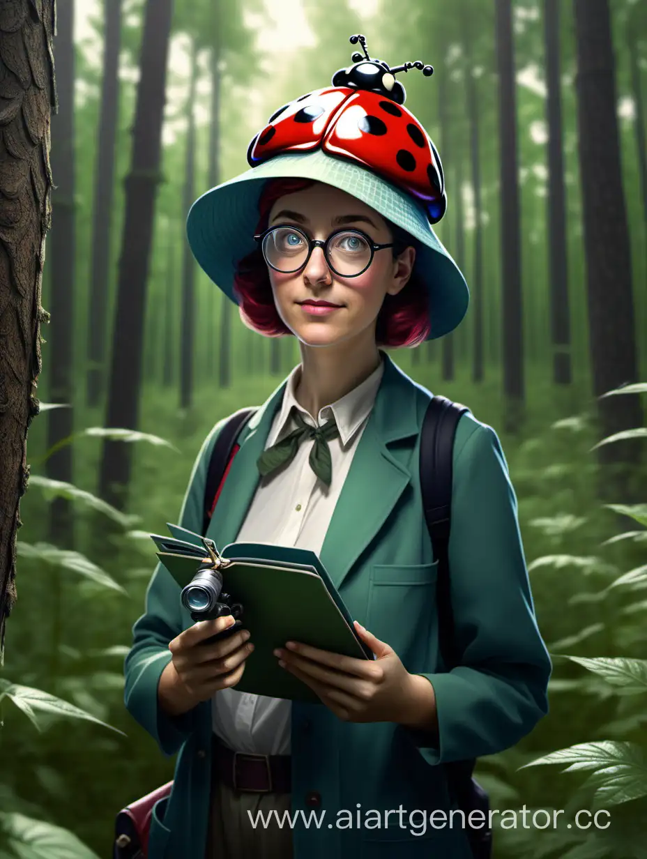 Ученая женщина  в очках, в лесу в шляпе из божьей коровки, с большими надкрыльями, в руках держит микроскоп 
 