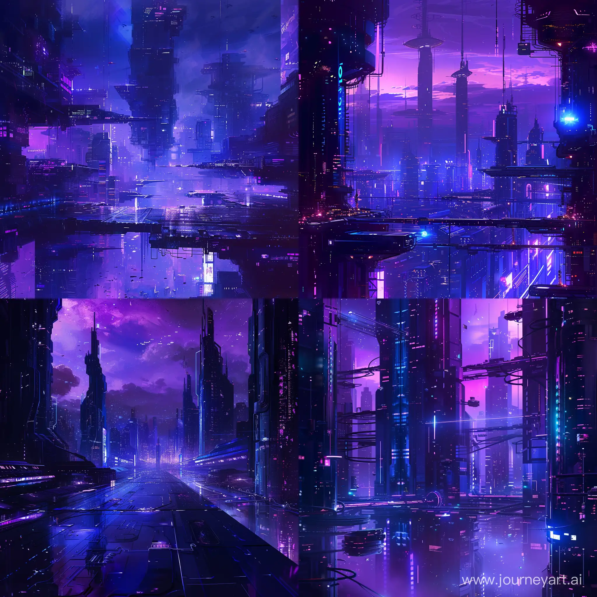 Сгенерируй задний фон в виде ночного футуристического города, где в основном преобладают фиолетовые и синие цвета.