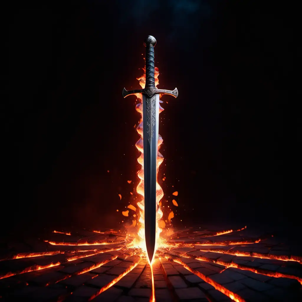 A diagonally facing sword in front of glowing embers