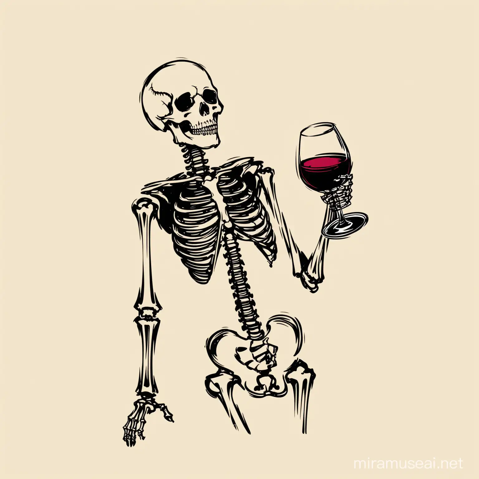 stencils, simple, minimalism, vector art, sketch, flat, 2d, vintage style, human skeleton holding a glass of wine, close-up