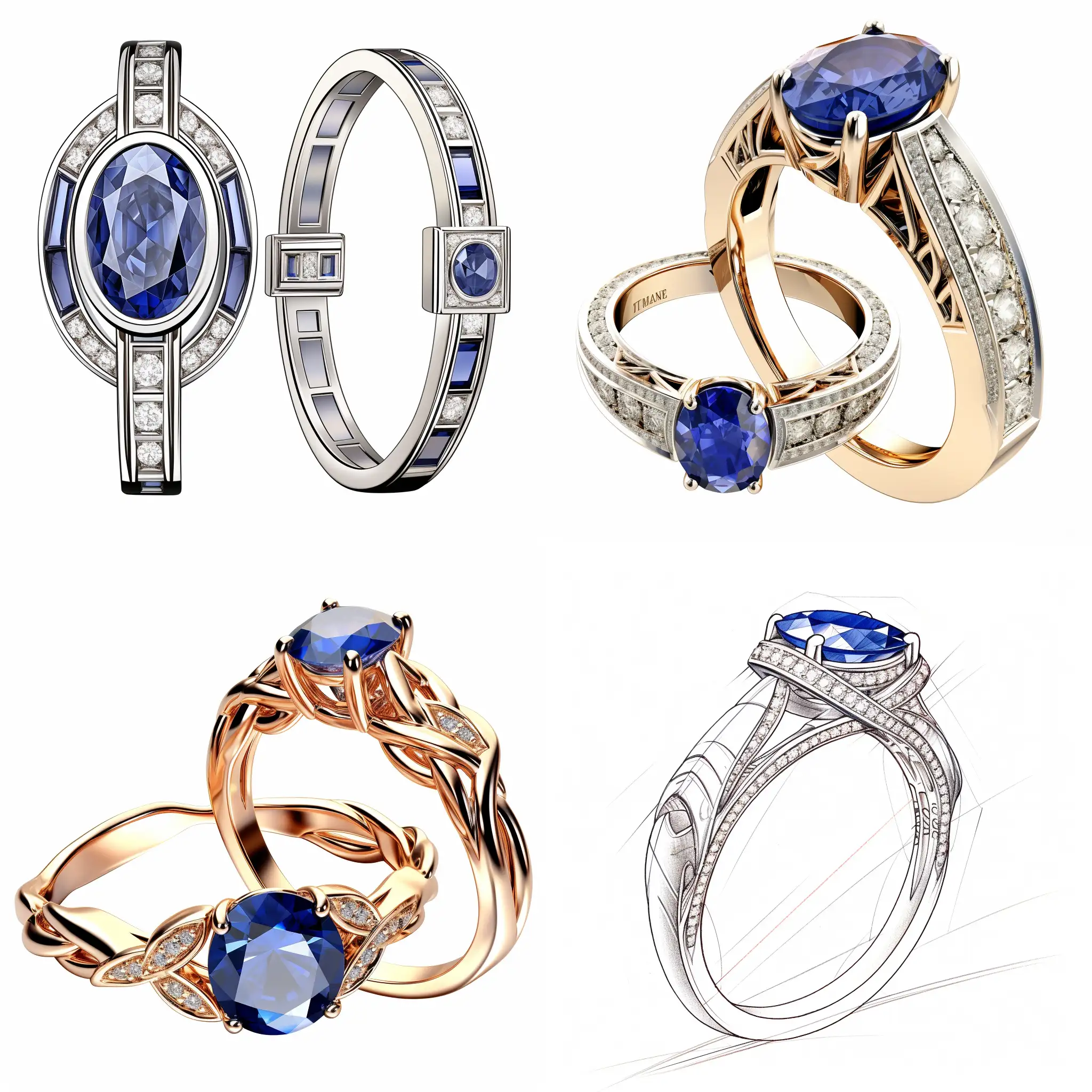 Design an oval one carat royal sapphire ring with a diamond letter H on the left and right arms