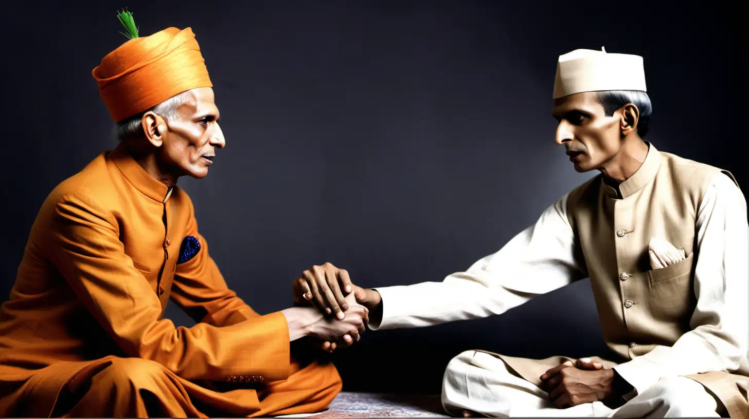 <Quaid-e-Azam Jinnah wearing sherwani><and doing arm wrestling><with an ancient Hindu Chanakya who is wearing an orange colored Hindu outfit><bare shoulder>. Colored image, cinematic>modern times
