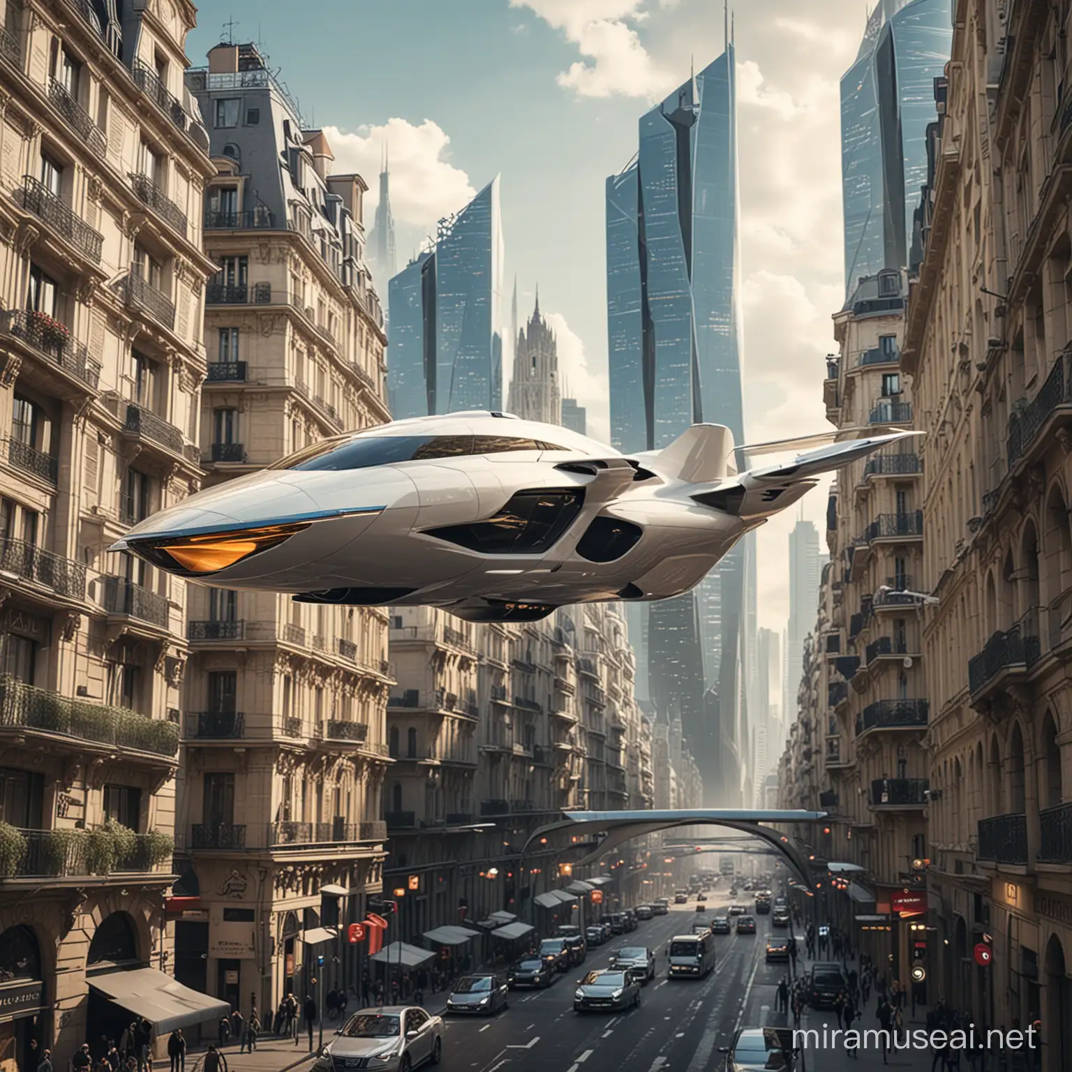 A luxury french vehicle flying in the city of a futuristic city