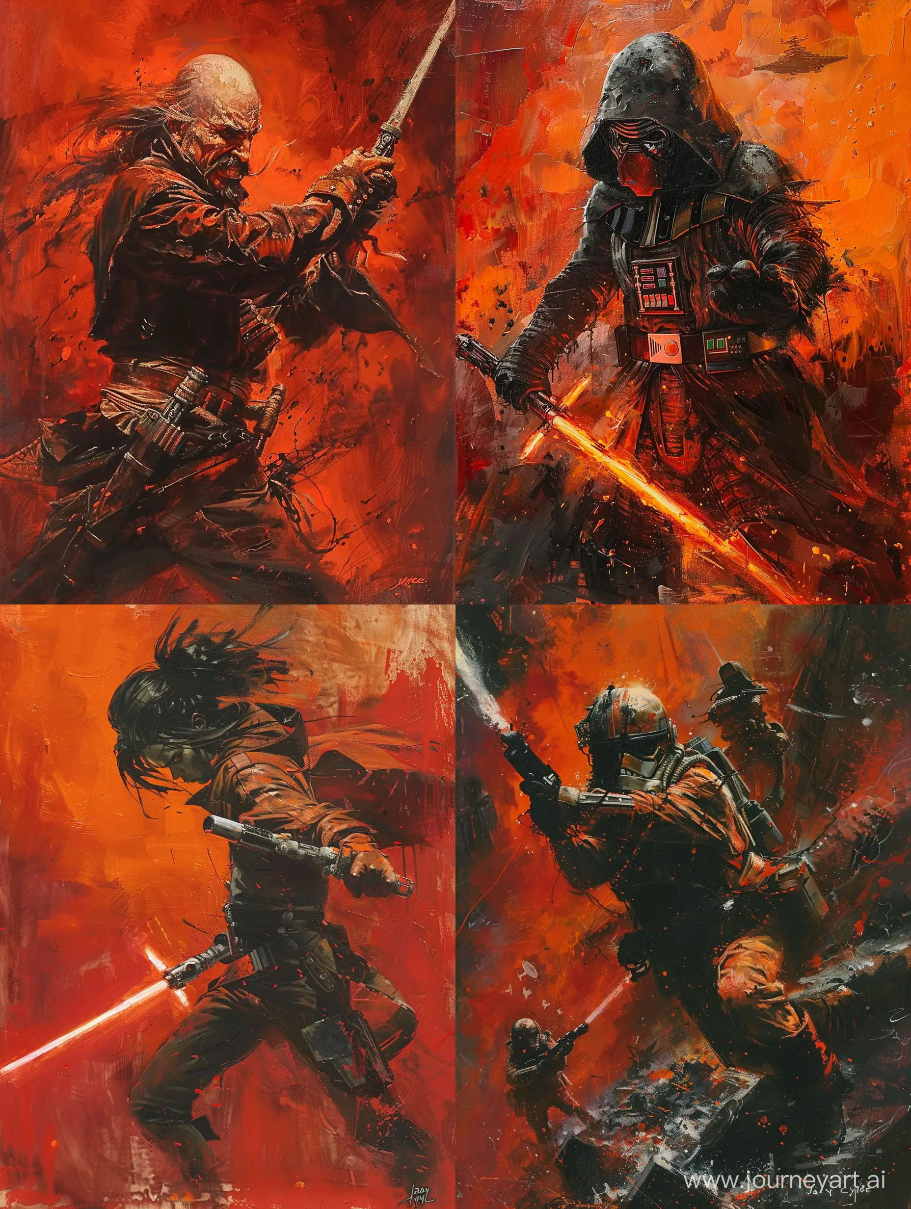 jay cyne art book star wars cover art, in the style of adonna khare, dark red and orange, jeff easley, piratepunk, frenzied action painting, michael hussar, realist detail