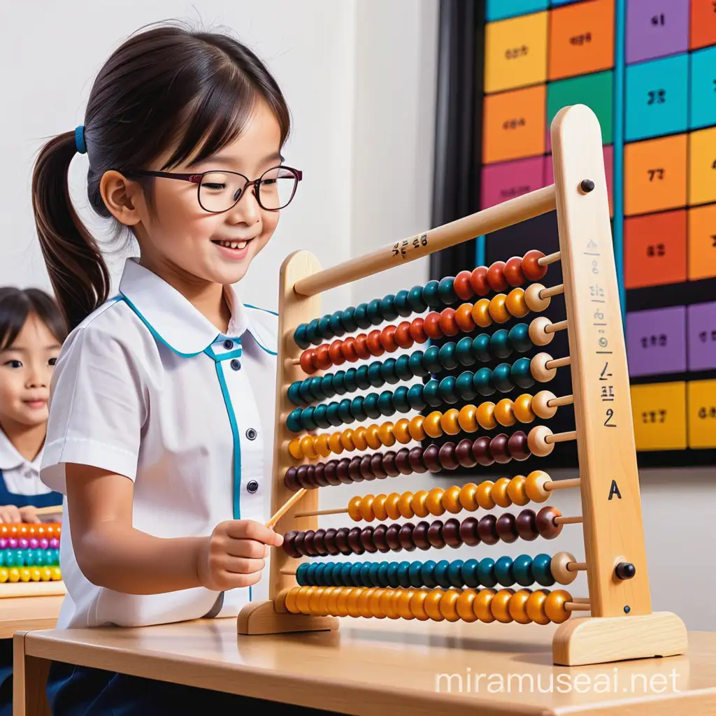 generate a picture a vibrant poster promoting an abacus training school, showcasing the excitement and benefits of learning this ancient skill. Capture the essence of mental agility and mathematical prowess through dynamic visuals of children confidently using abacuses to solve complex equations
