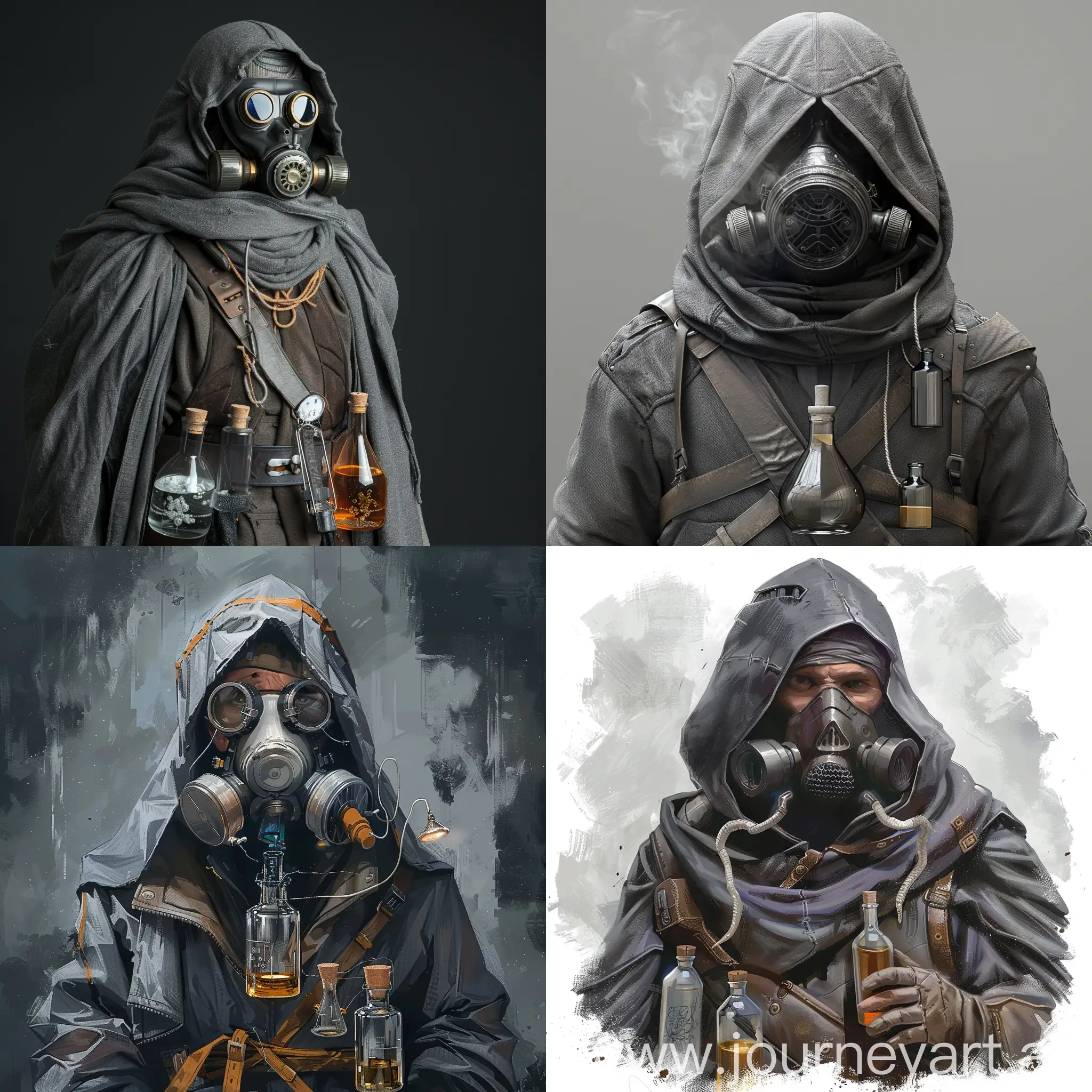 alchemist, gray hood, respirator, flasks on chest