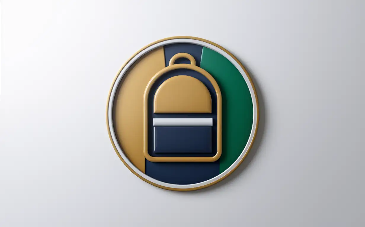 Logo: Backpack(simplified, golden, green, navy blue, without shadow) inner and right side of a oval left side of the oval a horizontal paper.
Background: white