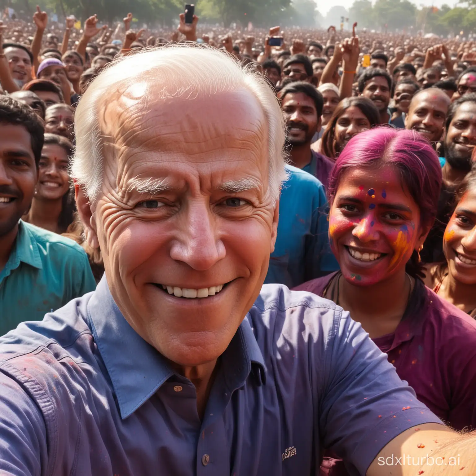 casual low quality close up selfie image taken on a cheap android phone of president joe biden smiling in a crowd of people for holi festival in india