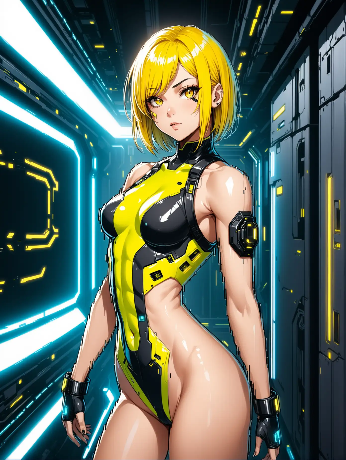 sexy fit 24 year old cyberpunk hero girl, short chin length yellow hair,  yellow eyes, naked, medium breasts, sexy toned body, posing in futuristic apartment, yellow black white 3 color design