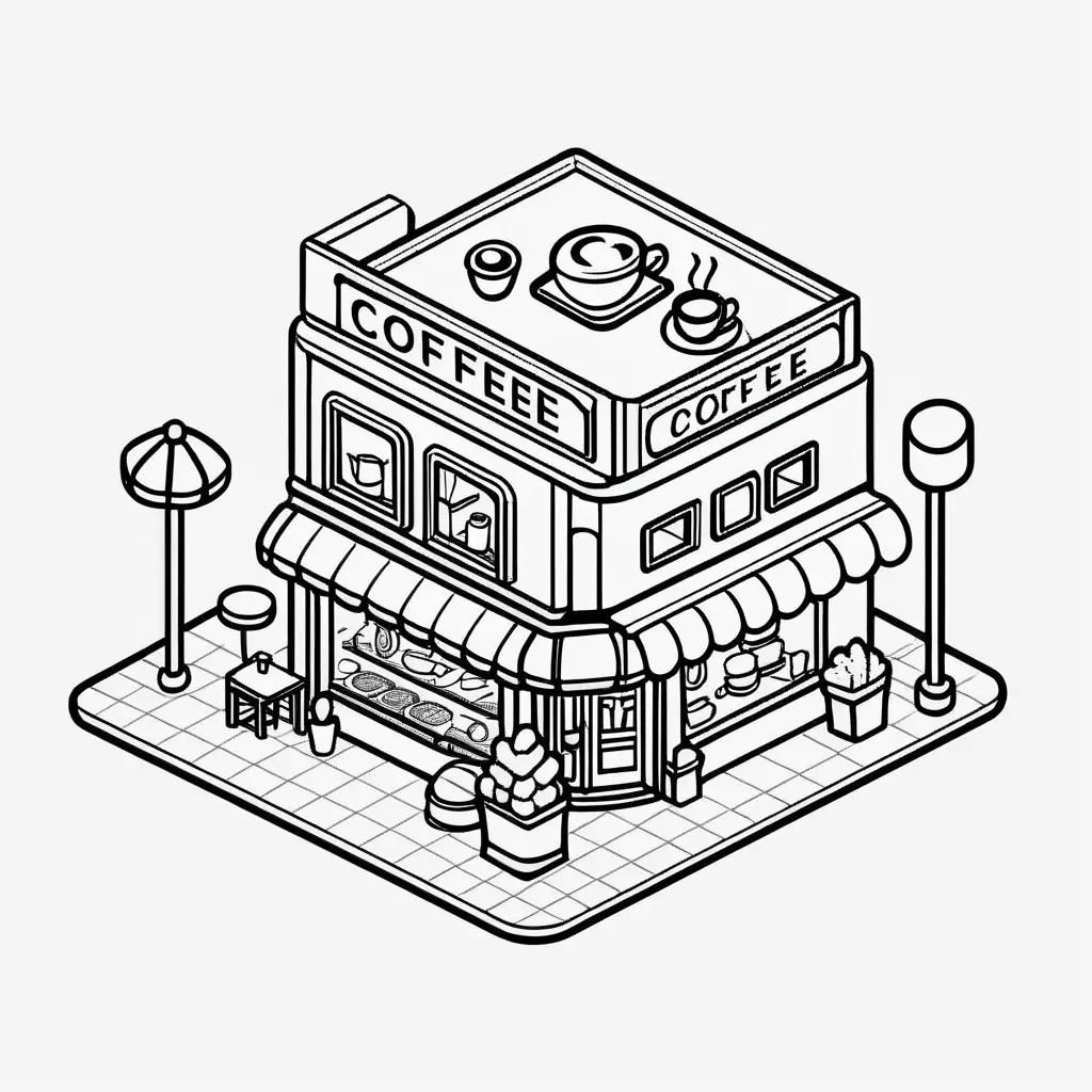 big wide, cozy coffe shop icon image to be used in the application logo, big, isometric icon style, black outlines ,black and white, for coloring page, white background, much detail