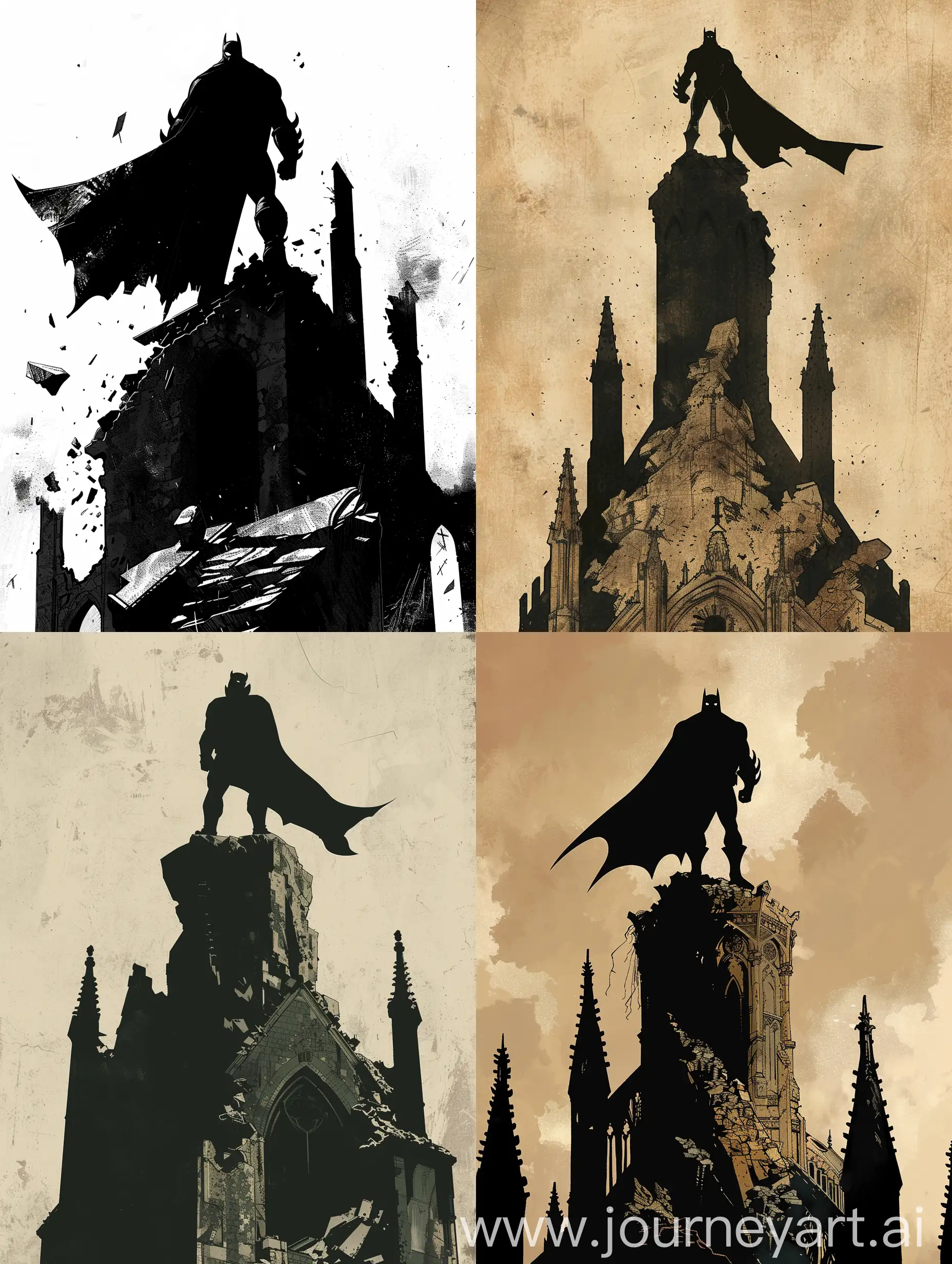 Illustrate a brooding superhero standing atop a crumbling gothic cathedral, with Mike Mignola's signature use of heavy shadows and stark contrasts. The character's silhouette should be bold and simple, yet convey a sense of mysterious power.
