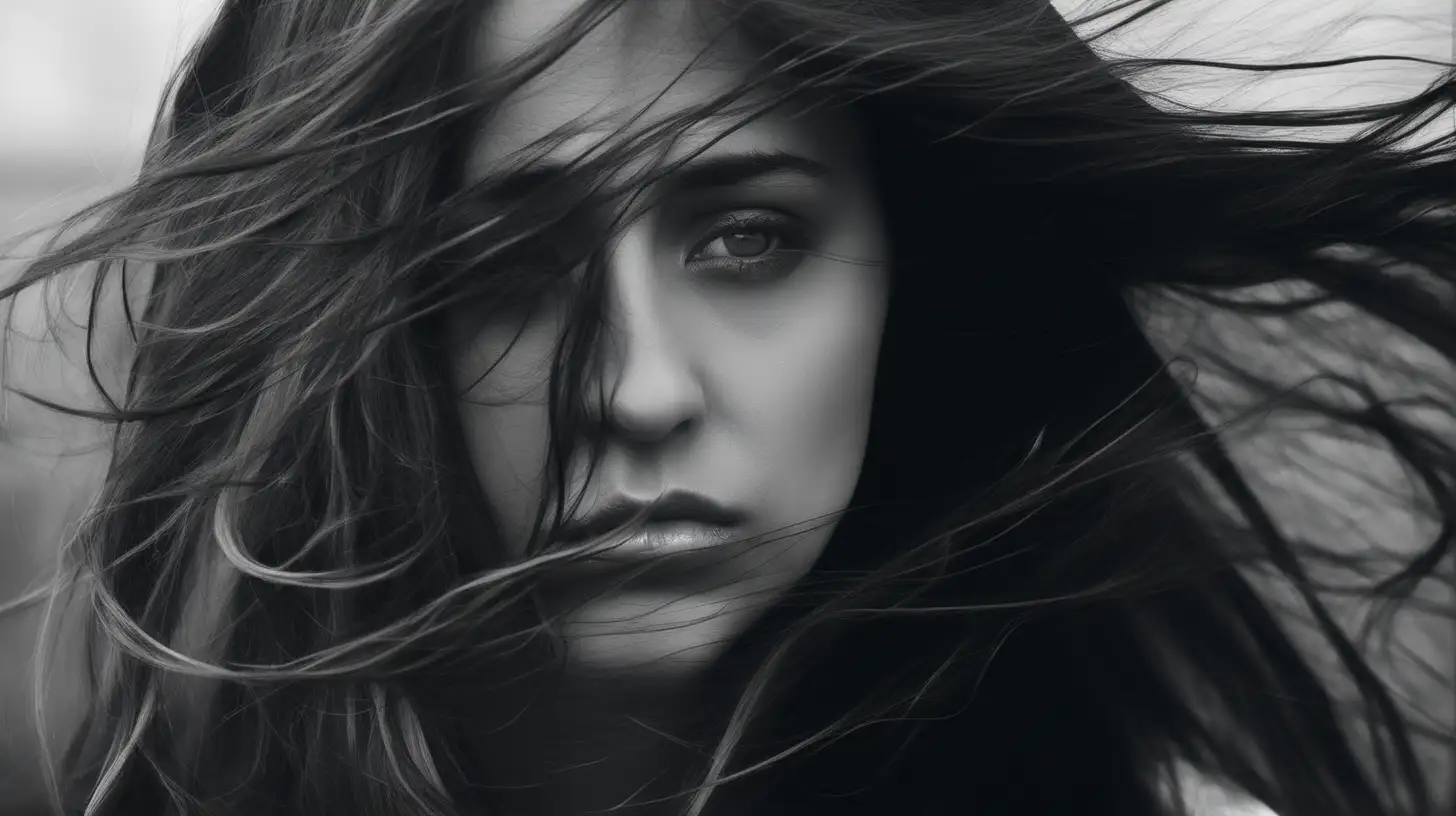 Expressive Woman with Sad Eyes and Flowing Hair in the Wind