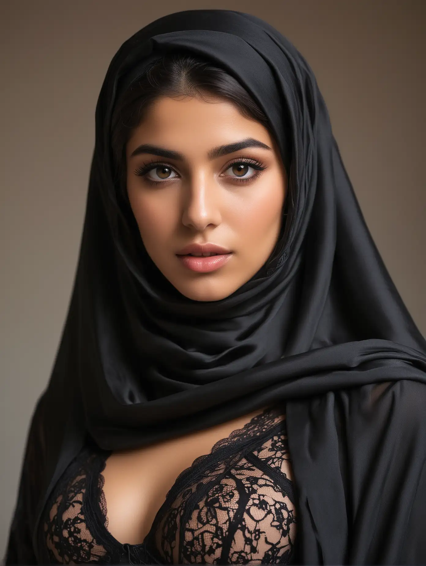 beautiful young iranian american model in a silk niqab and lingerie