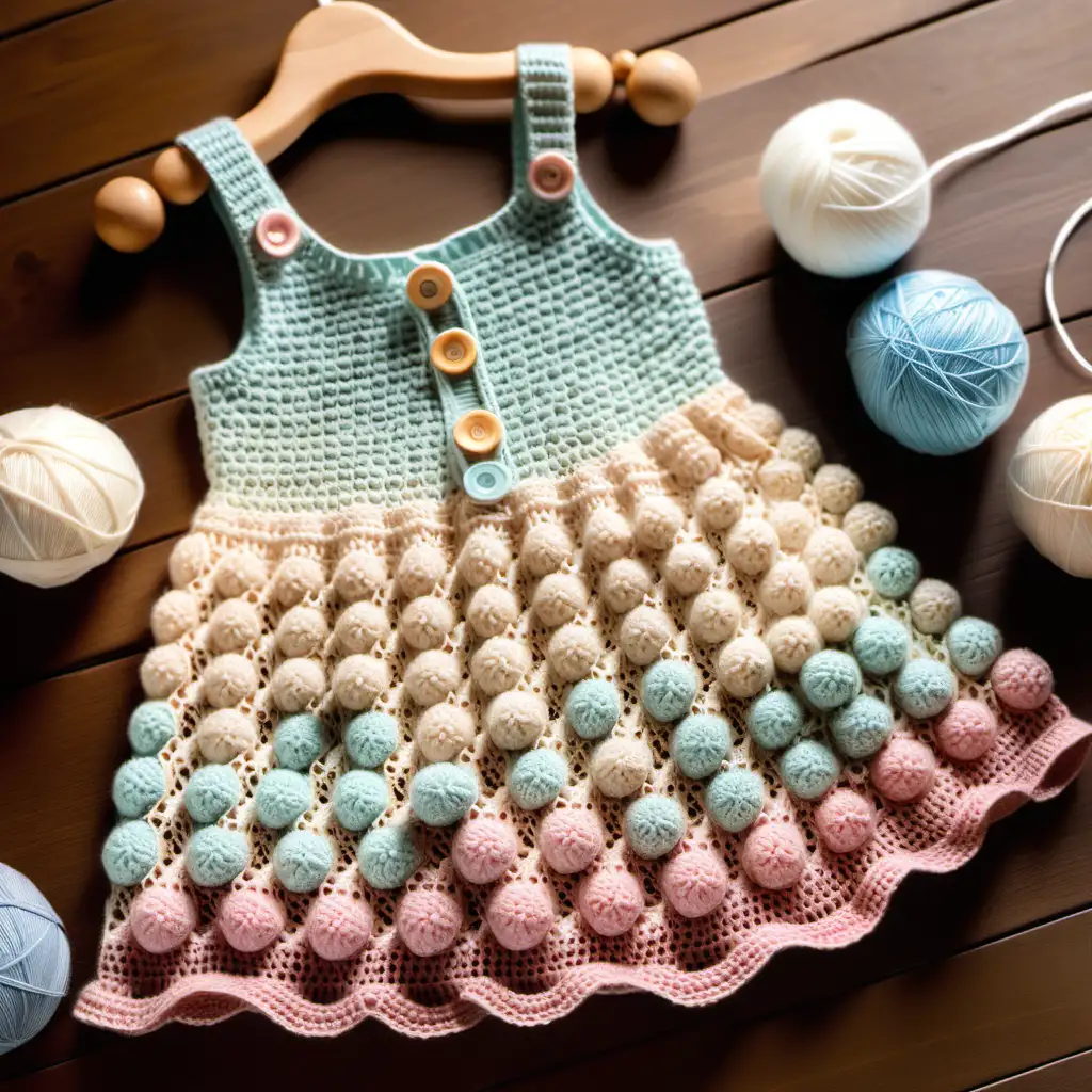 Enchanting SoftColored Crocheted Baby Dress Displayed on Wooden Table with Yarn Balls
