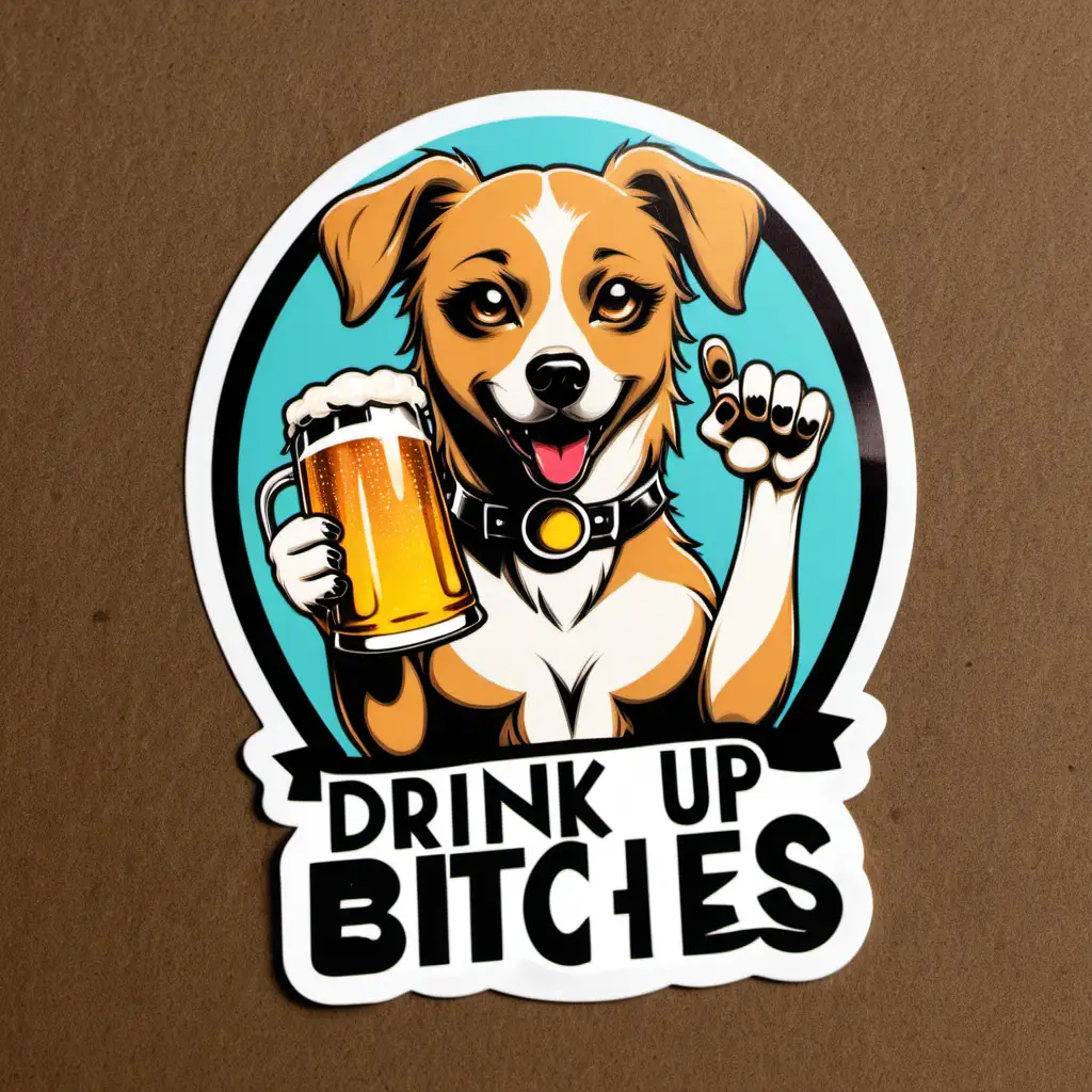 sticker of a femail dog holding a beer with the words "Drink up bitches"