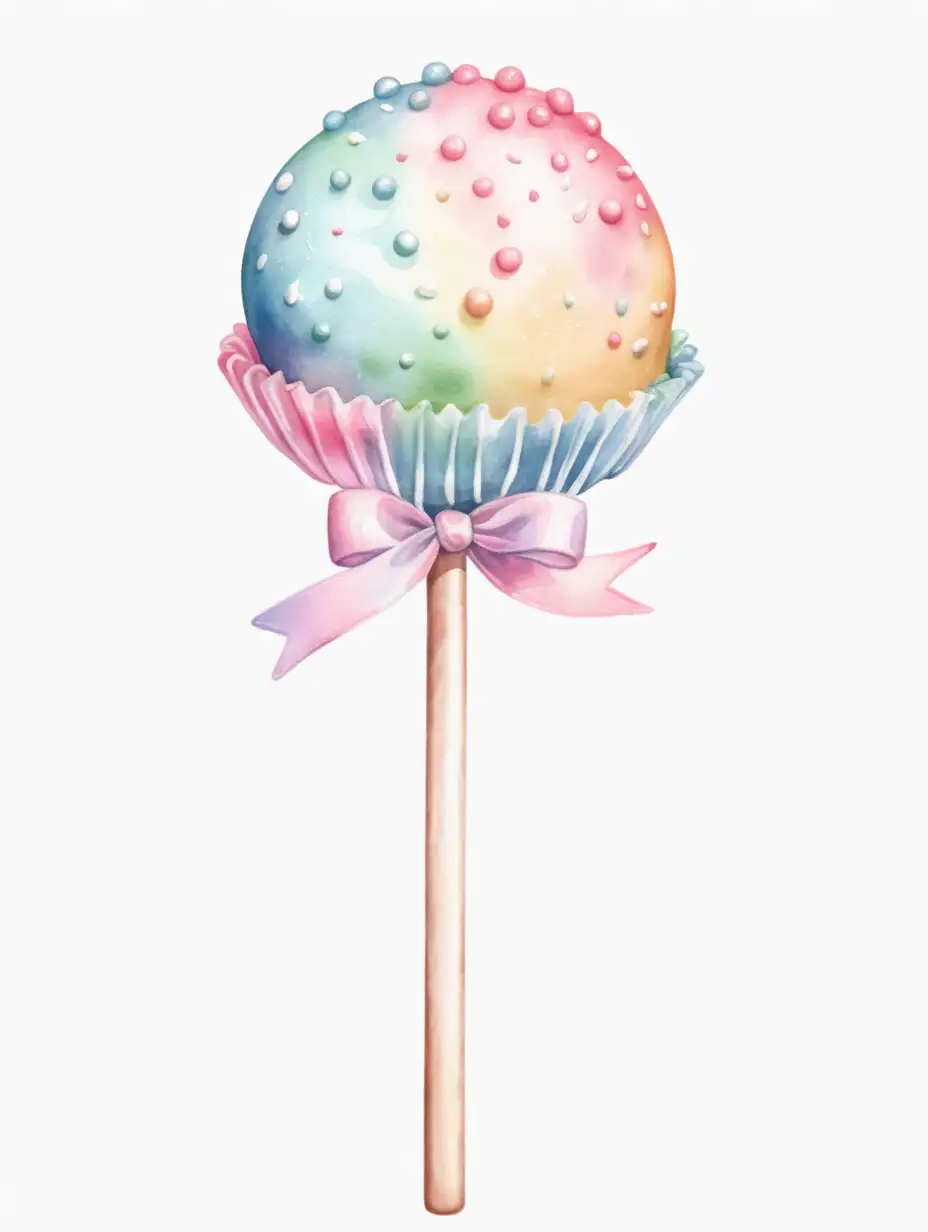 Watercolor styled, single cake pop with stick, pastel colored, with no background