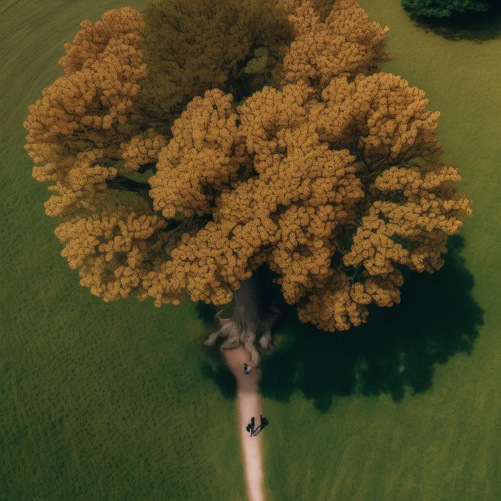 A big oak, drone view, top down, with two people at his feet