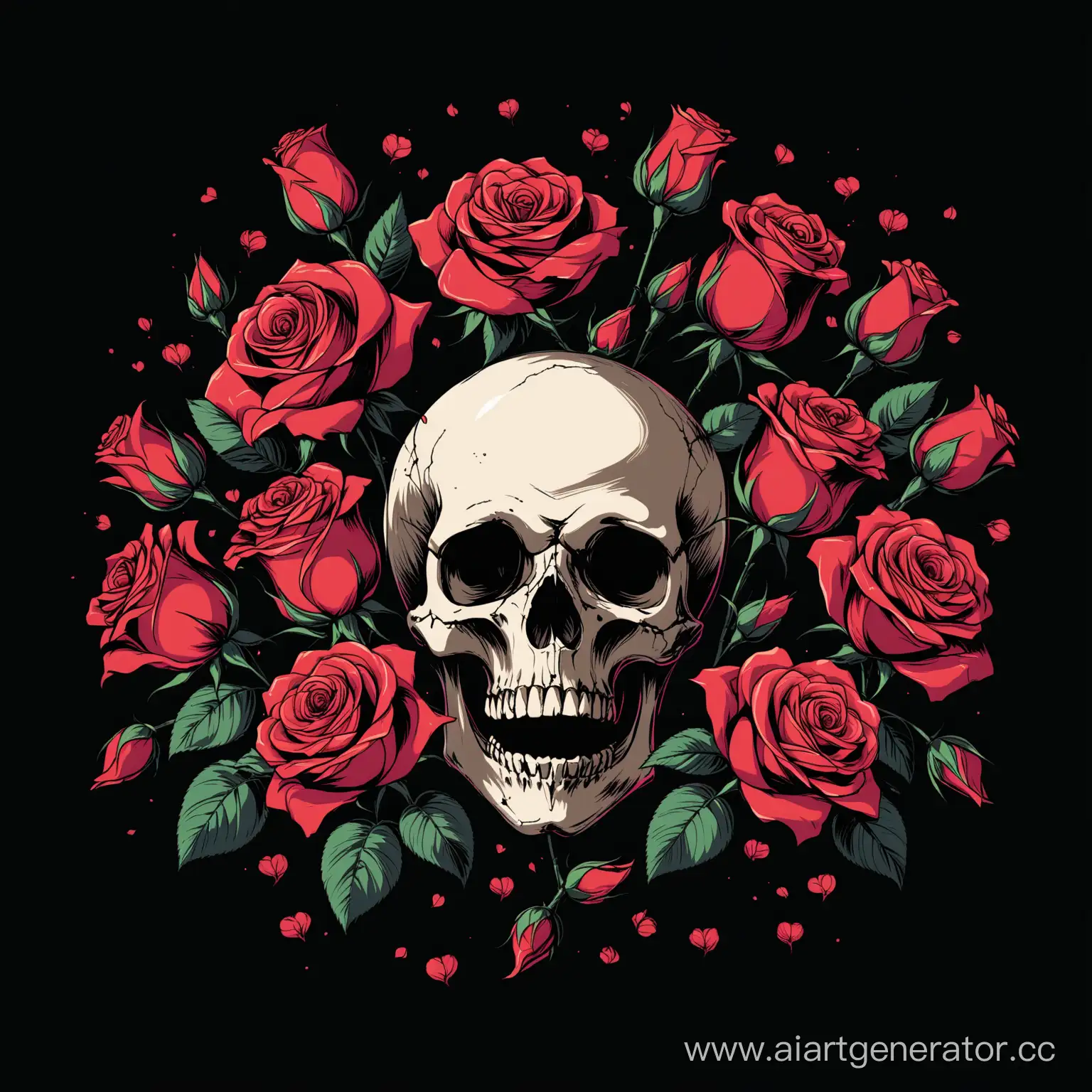 Розы и череп на чёрном фоне
