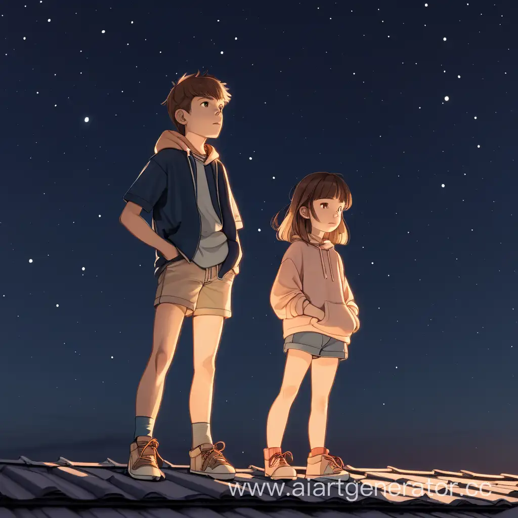 Младшая сестра и старший брат стоят на крыше ночью