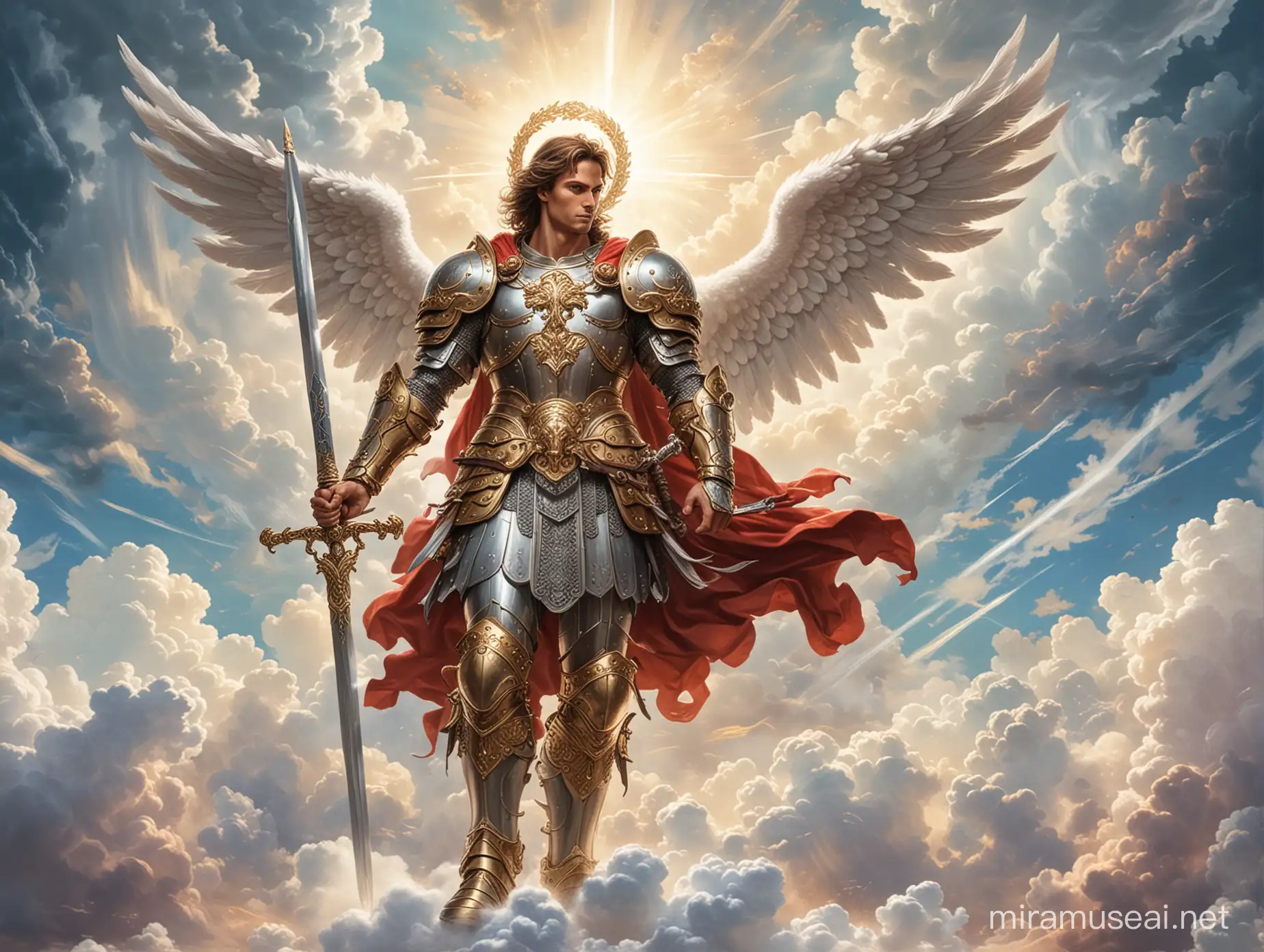 A picture of Saint Michael the Archangel standing dressed in shining armor with his sword drawn amongst fluffy clouds