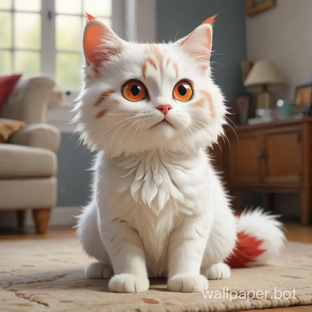 A cute cat,white flue,red tail,full body, ,big eyes, living room, rule of thirds composition, soft natural light, cartoon style, fluffy texture, close-up shot, HD;
