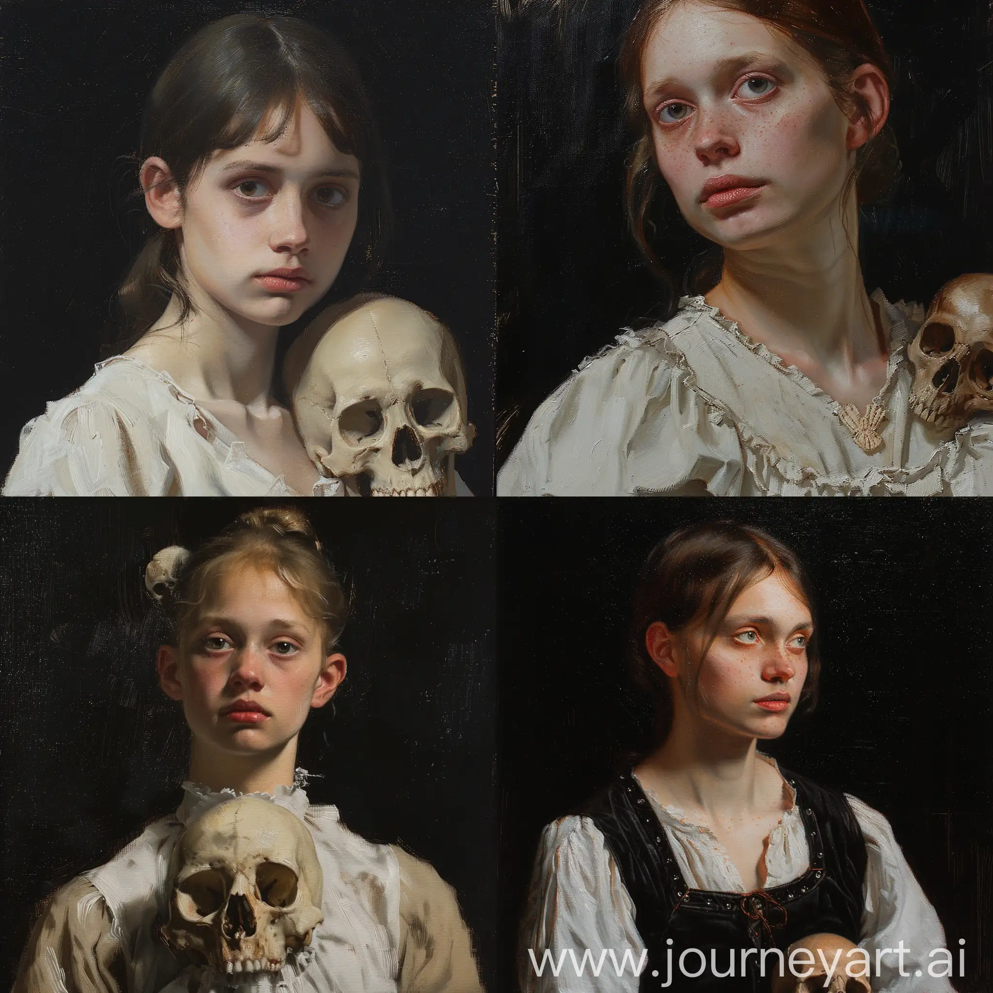 Oil sketch of a young woman with skull , wlop John singer Sargent, jeremy lipkin and rob rey, range murata jeremy lipking, John singer Sargent, black background, jeremy lipkin, lensculture portrait awards, casey baugh and james jean, detailed realism in painting, award-winning portrait, amazingly detailed oil painting