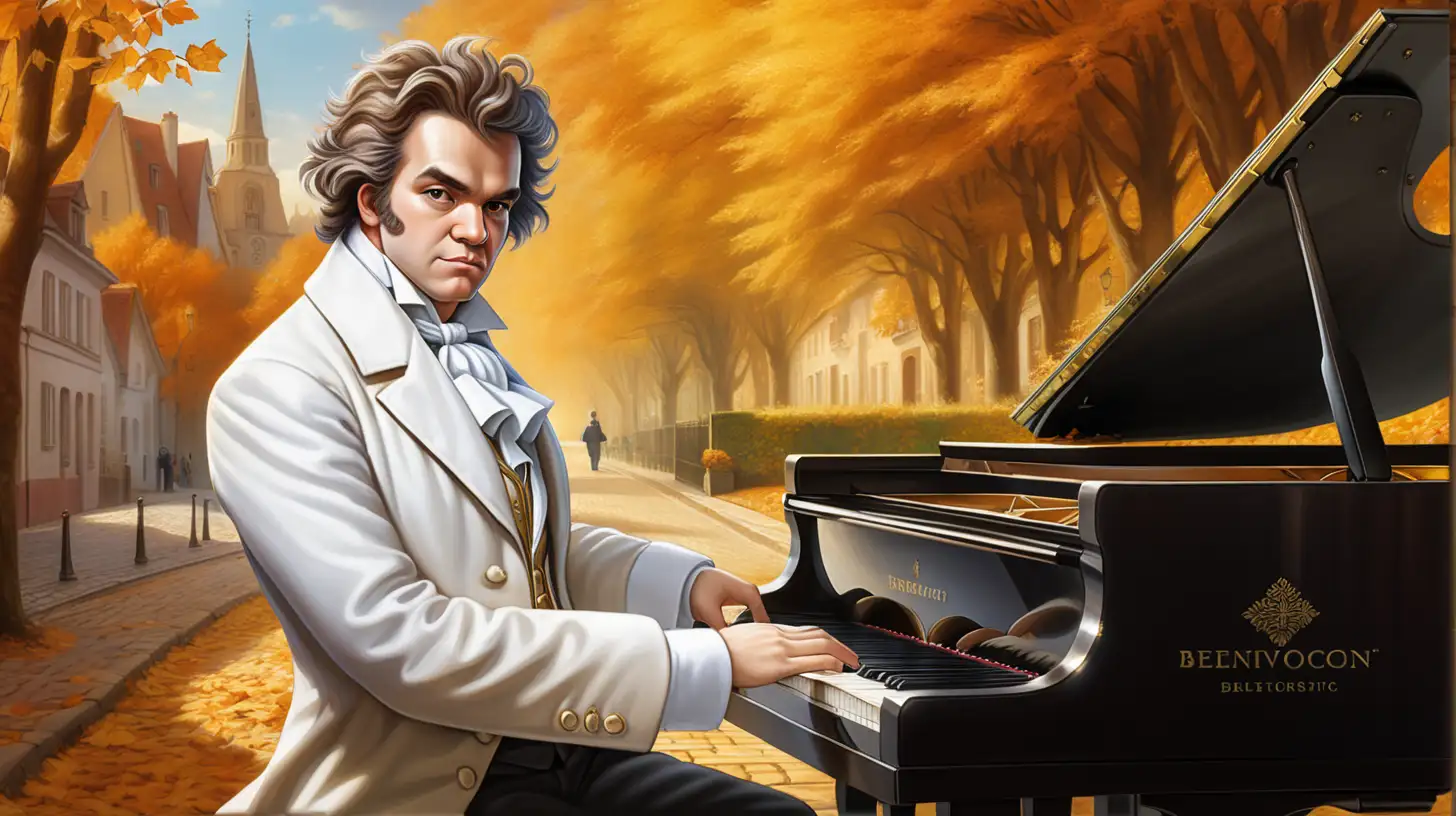 Бетховен, Смотрит на клавиши рояля и Играет на рояле в праздничном фраке и праздничной белой рубашке. на фоне аллей золотой осени 